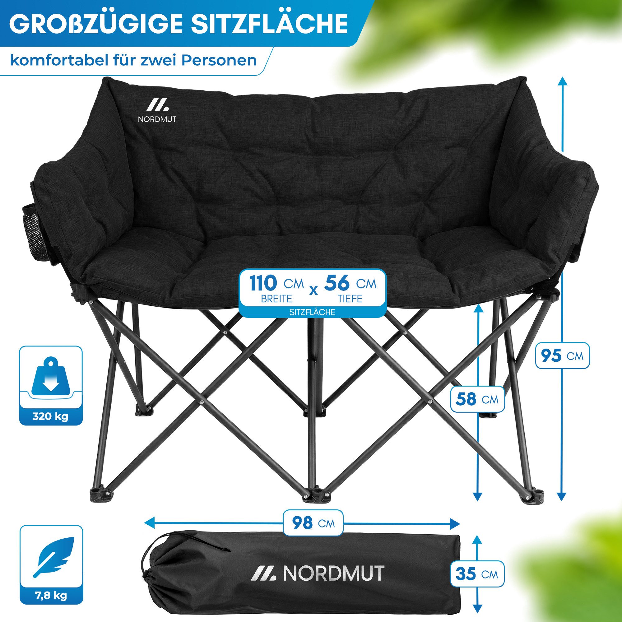 Nordmut Campingstuhl Campingsofa Klappbar 2 Personen 360 kg gepolstert mit Tragetasche (bis 360 kg belastbar mit Stahl Aluminium Rahmen), wetterfest klappbar mit Tragetasche & Seitentaschen