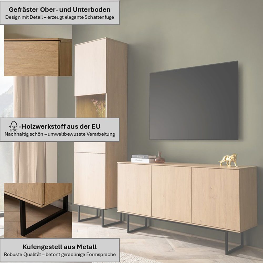 Home affaire Wohnzimmer-Set Lund, moderne Anbauwand, Wohnzimmer-Set in Stone Oak, (2-St), enthält Vitrine und Lowboard