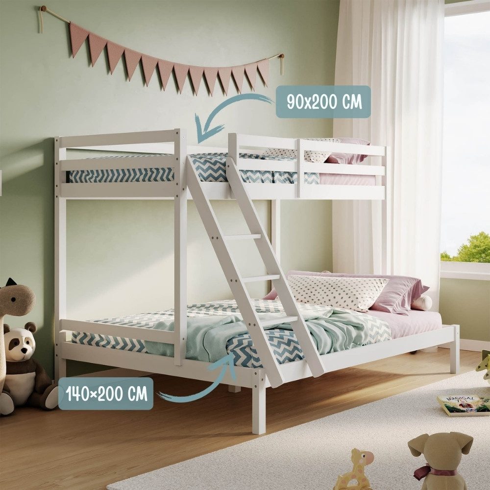 Kids Collective Hochbett 140x200 Etagenbett, EN 747-Zertifizierung und platzsparendem Design Stockbett 206x147x145 cm, Weiß