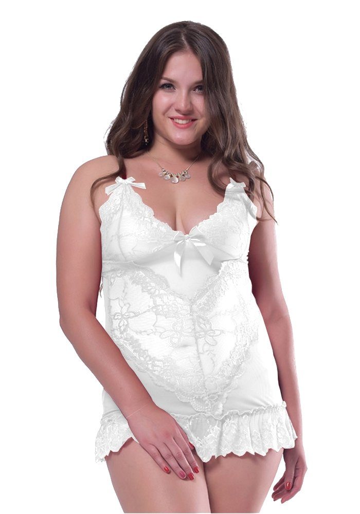 Lau-Fashion Babydollkleid Reizwäsche Dessous Weiß Spitze Babydoll Schleifchen + Tanga L/XL