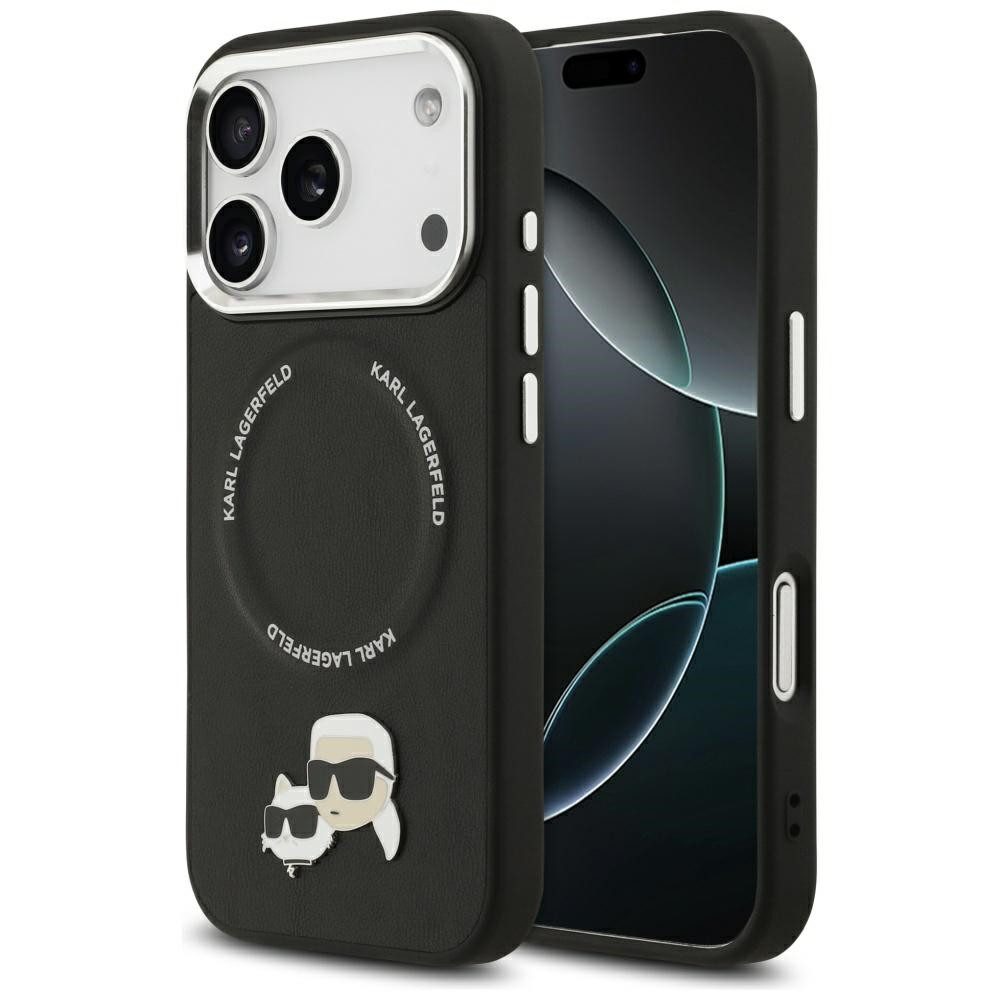 KARL LAGERFELD Handyhülle iPhone 17 Pro Max MagSafe Kunstleder Metall Pin schwarz 6,9 Zoll, Kantenschutz