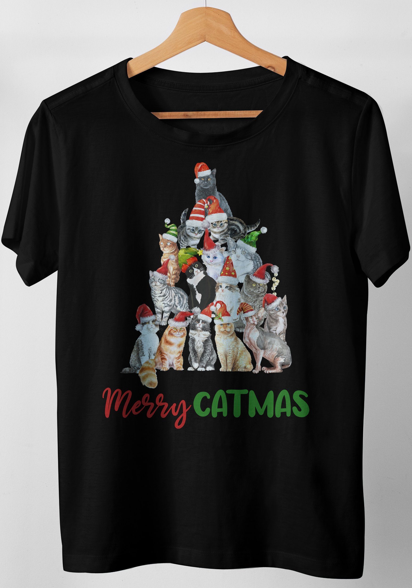 T-Shirt Weihnachten Design Merry Catmas Katzen Christbaum Weihnachtsmützen
