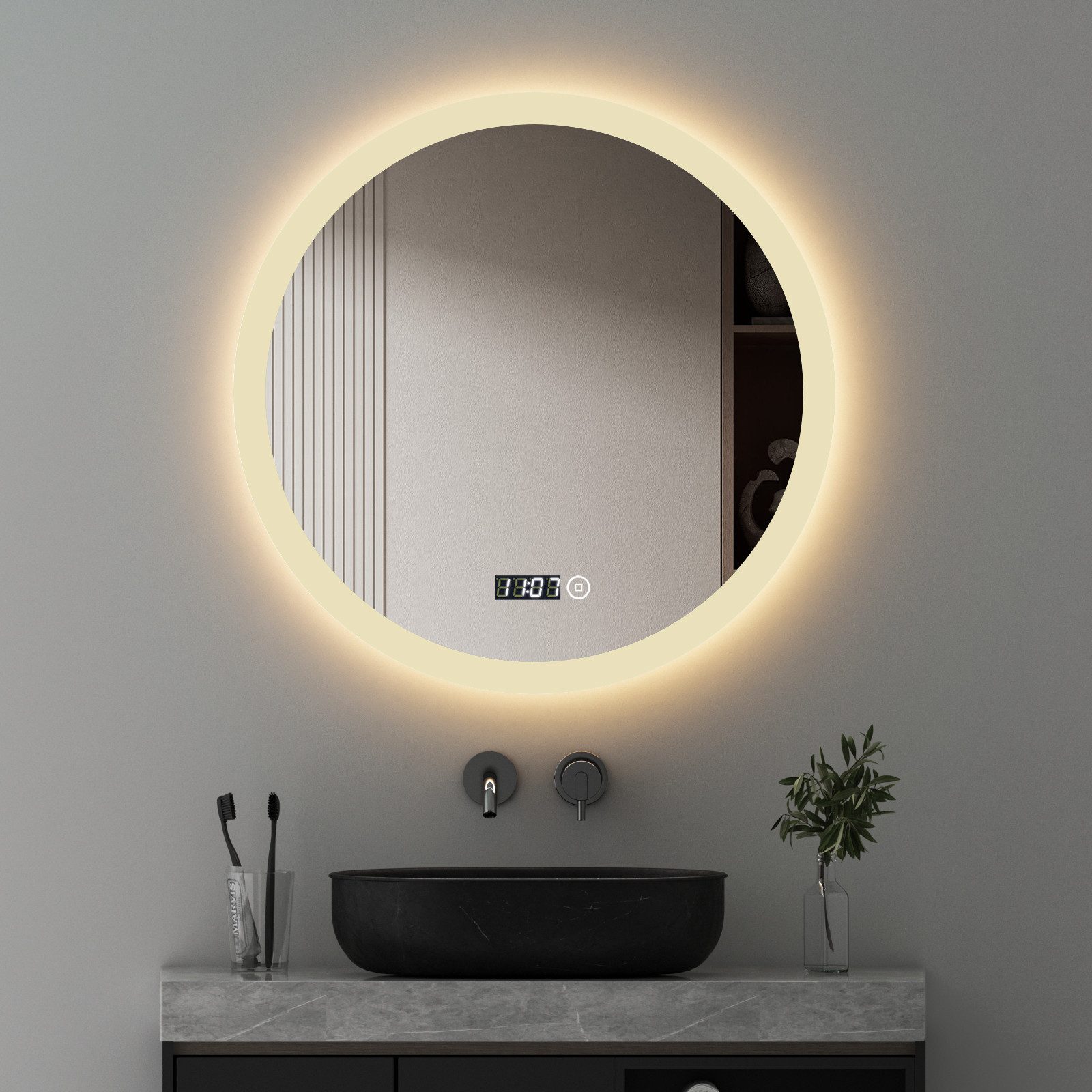 WDWRITTI Spiegel Rund 60 cm Led Badspiegel mit Touch Uhr dimmbar Lichtfarben Helligkeit (Wandspiegel mit beleuchtung, Warmweiß, Neutral, Kaltweiß), Speicherfunktion, IP44