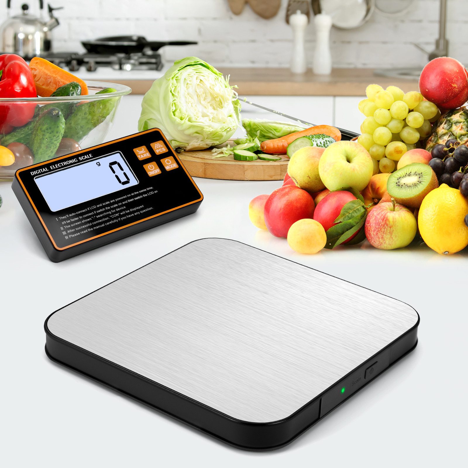 BlingBin Küchenwaage Digital 1g/15kg, mit geteiltem Messbereich & separatem LCD-Display, (Lebensmittelwaage, 1-tlg., 1tlg), 7 Maßeinheiten,Tara- & Zählfunktion,batteriebetrieben,Edelstahl-Design
