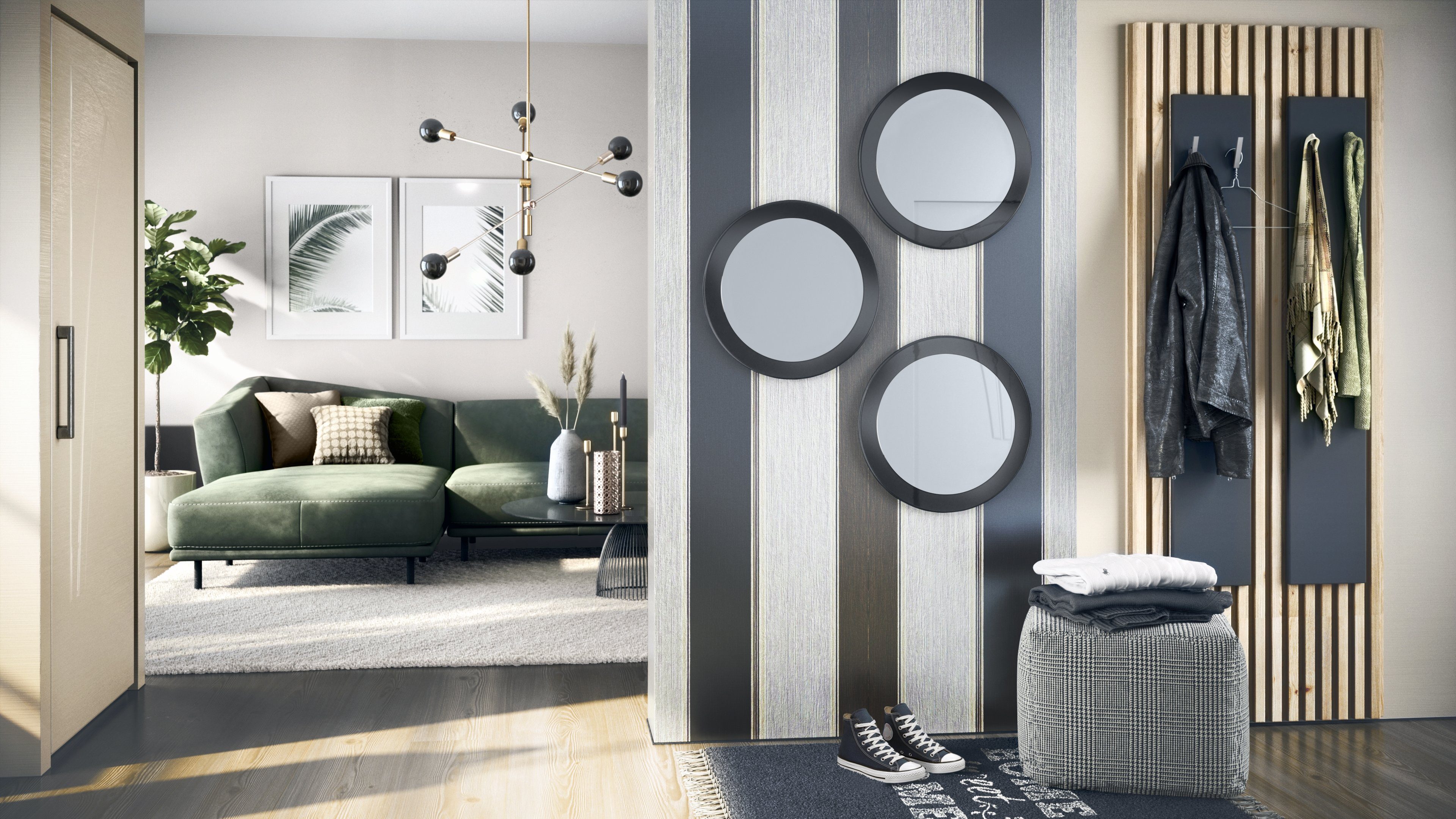 dekorative runde cm Wandspiegel Vladon MDF-Rahmen), (50 Durchmesser) (3 und in Globe für mit Flur Hochglanz Wohnzimmer Spiegel, Schwarz