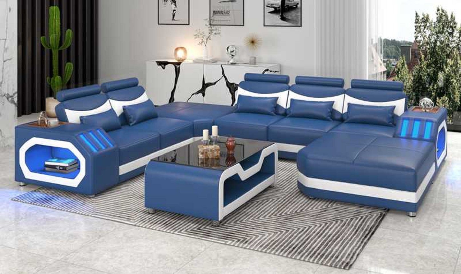 JVmoebel Ecksofa Wohnlandschaft Großes Sofa XXL U Form Ecksofa Sofas LED, 4 Teile, Made in Europe Blau