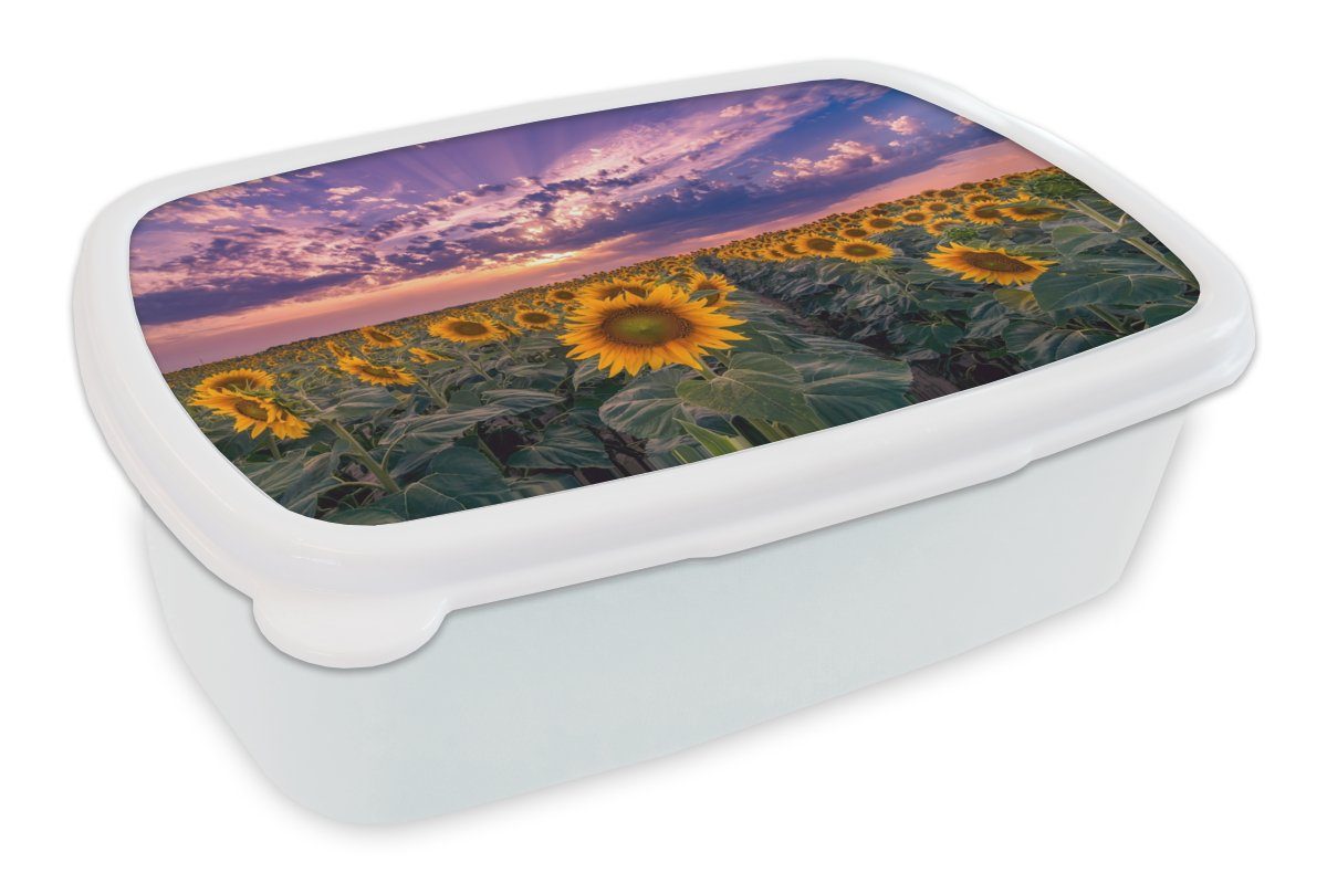 MuchoWow Lunchbox Blumen - Himmel - Lila - Sonnenuntergang, Kunststoff, (2-tlg), Brotbox für Kinder und Erwachsene, Brotdose, für Jungs und Mädchen weiß