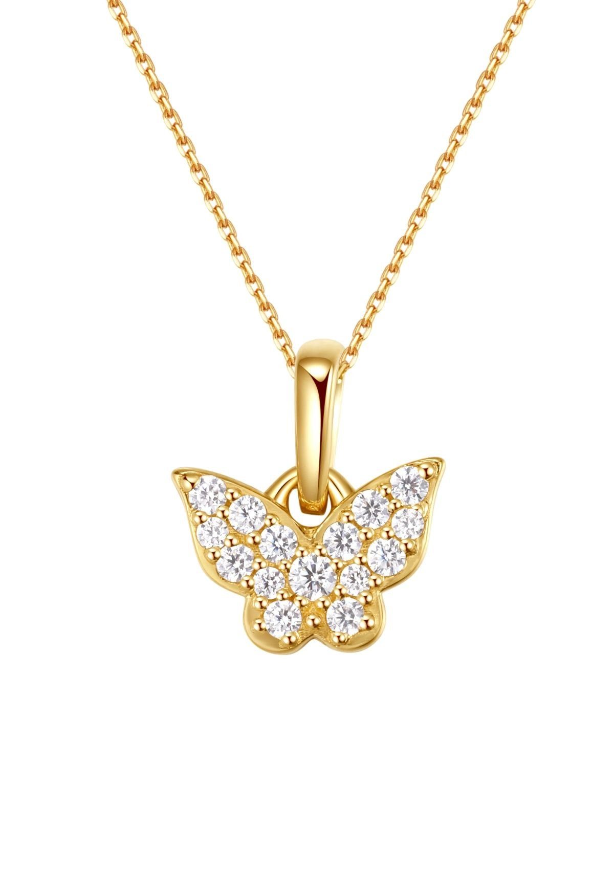 Dear Me Goldkette Damen 585 Gold Schmetterling Zirkonia Entwicklung, 14K Echtgold Halskette Anhänger hängend, 585 Schmuck Gold Massiv