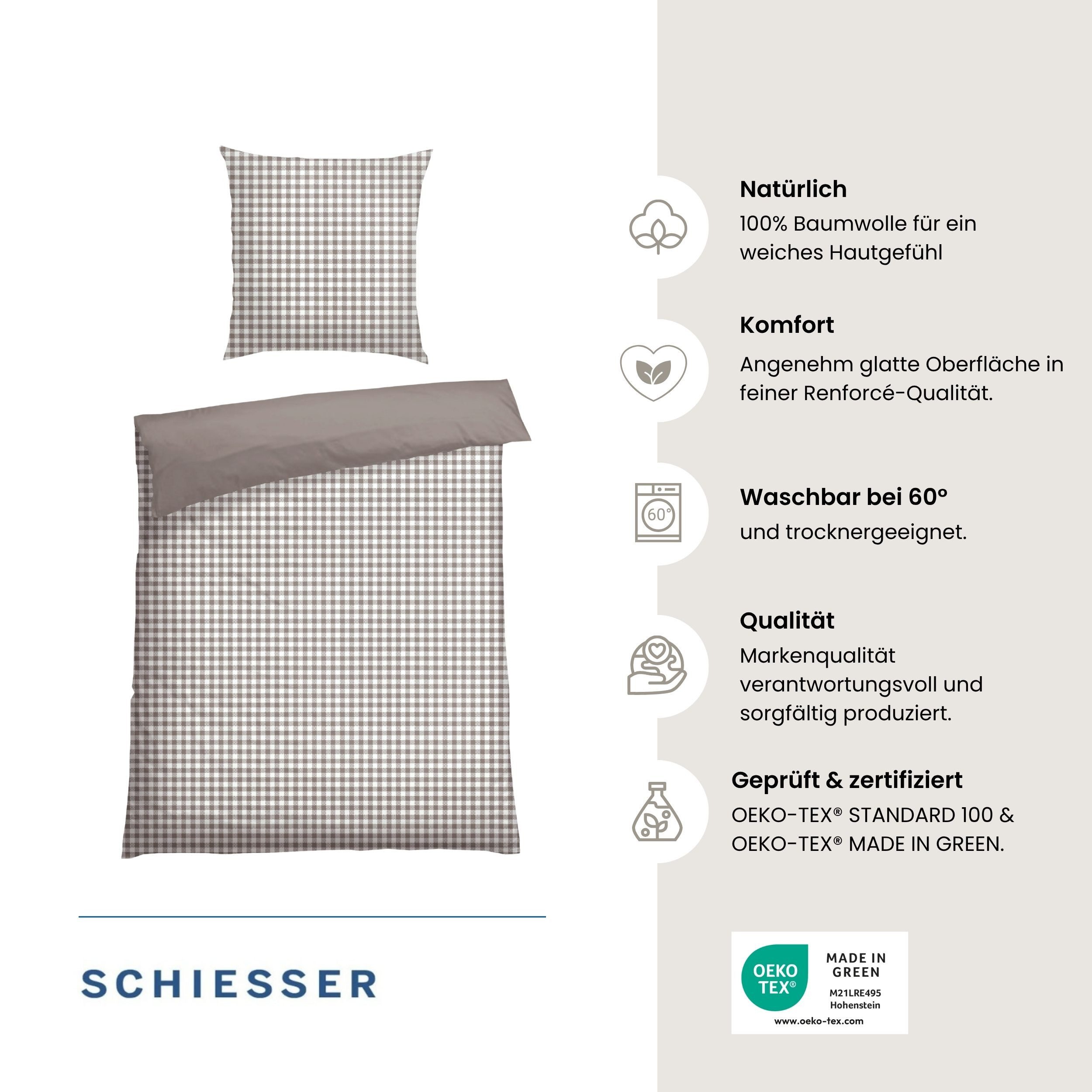 Schiesser Wendebettwäsche Vichy aus weicher Baumwolle mit Karos, Renforcé, 2 teilig, OEKO-TEX® MADE IN GREEN – Bild 2 von 5