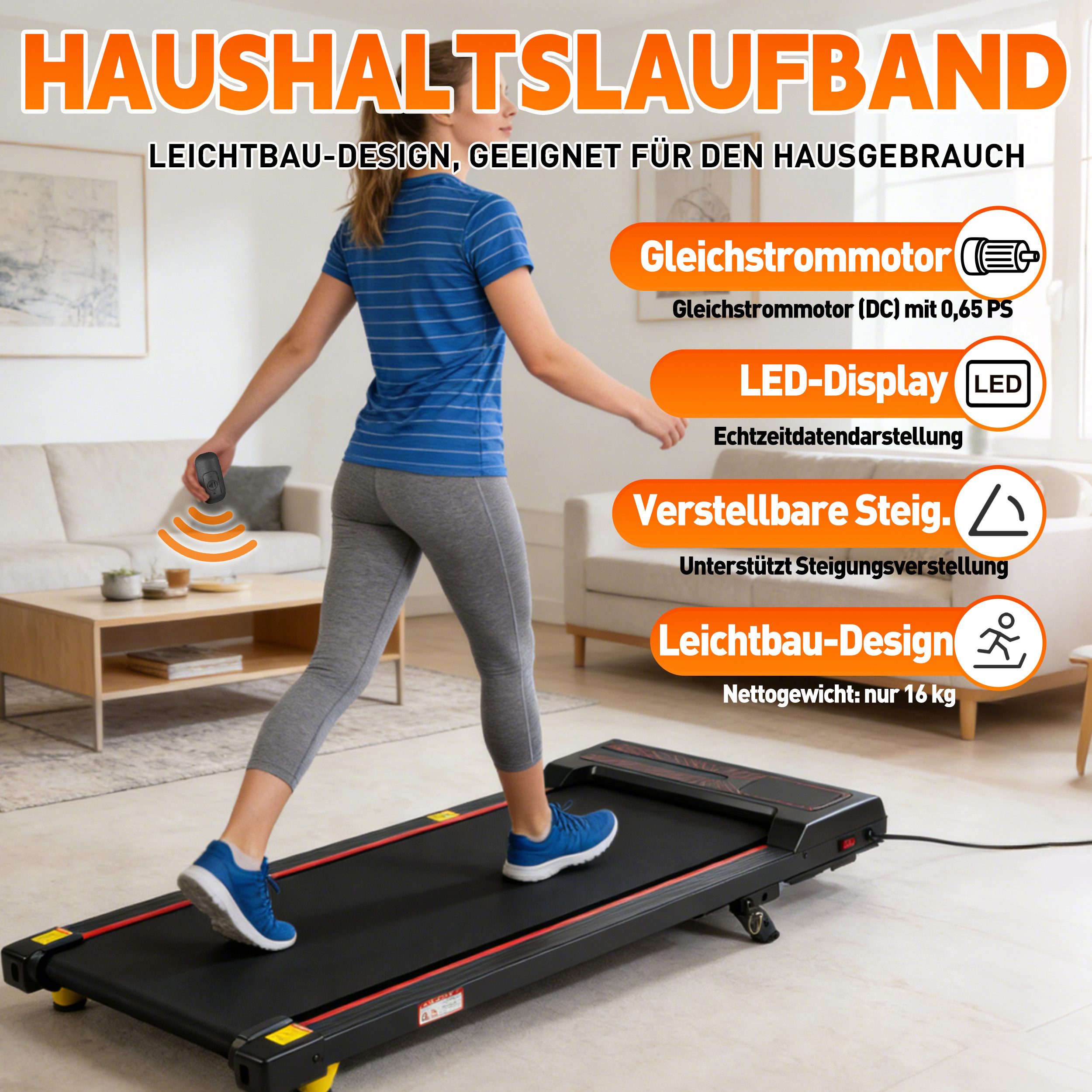 Vankel Laufband Laufband für Zuhause, Walking Pad, mit Steigung 6%, 1–6 km/h (mit LED Display, Fernbedienung), bis 110 kg, Leises Laufband für Zuhause & Büro