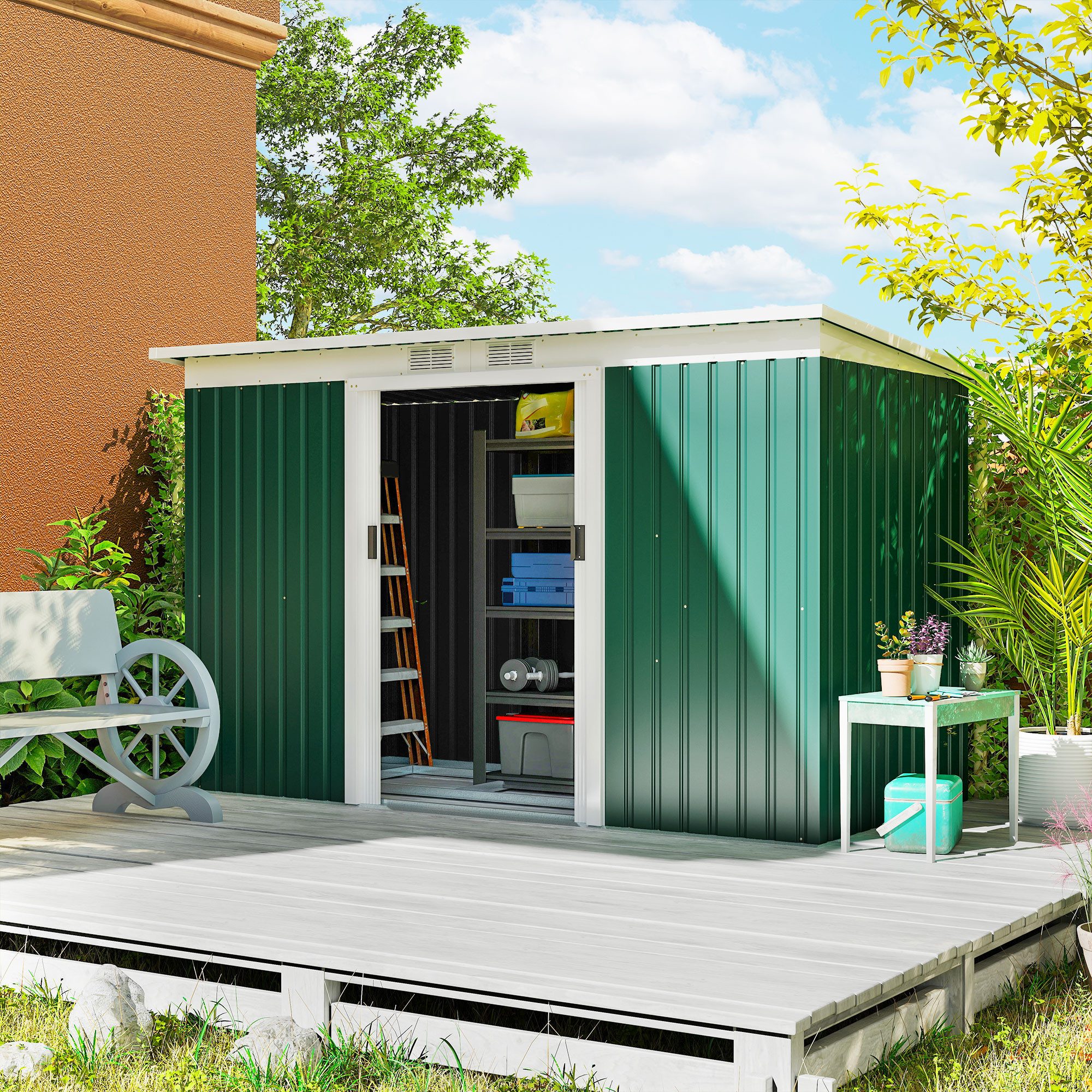 Outsunny Gerätehaus Gartenhaus mit Schiebetür, Fenster, Stahl, BxT: 280x130 cm, (Schuppen, 1 St., Садовые сараи), für Garten, Dunkelgrün