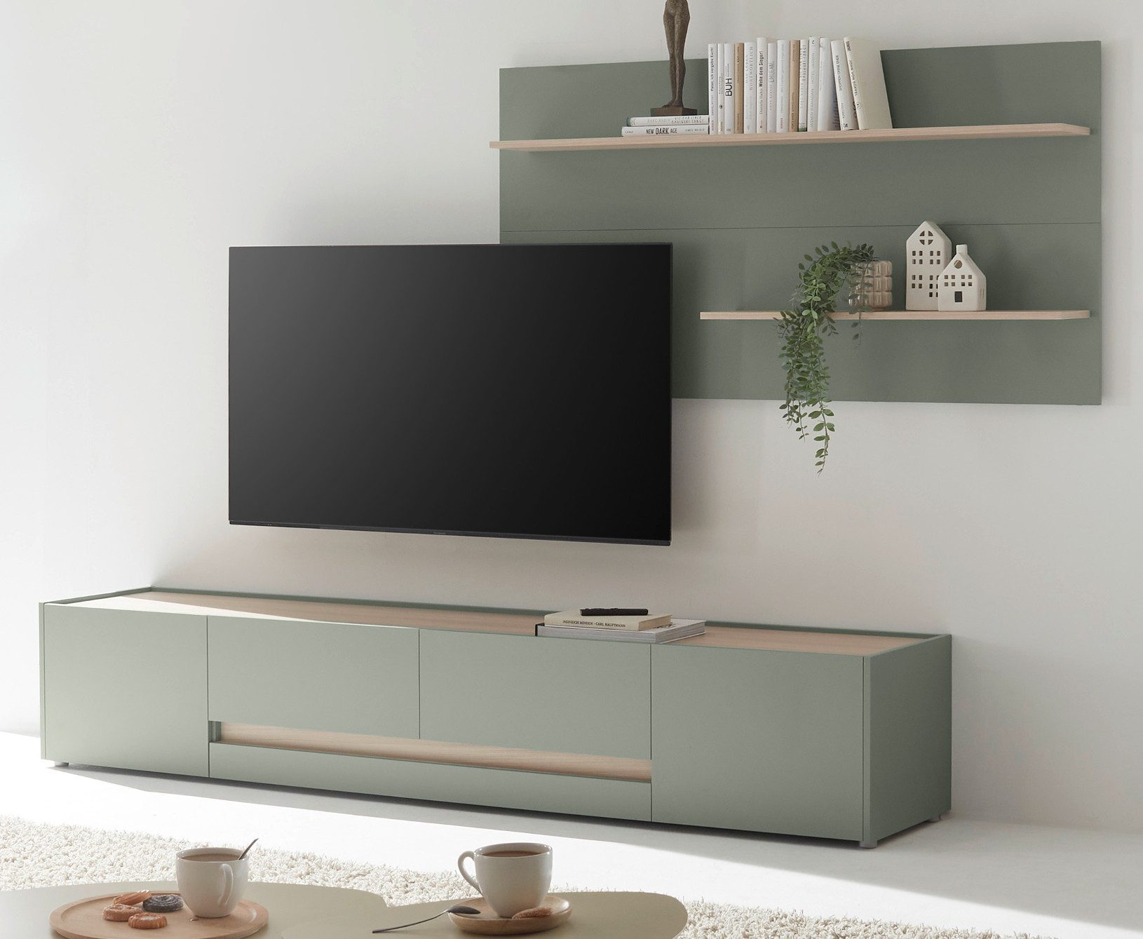 Furn.Design Wohnwand Center, (Set in Salbei Grün mit Barista Eiche Dekor, Breite ca. 300 cm), auch für große Flat-TV
