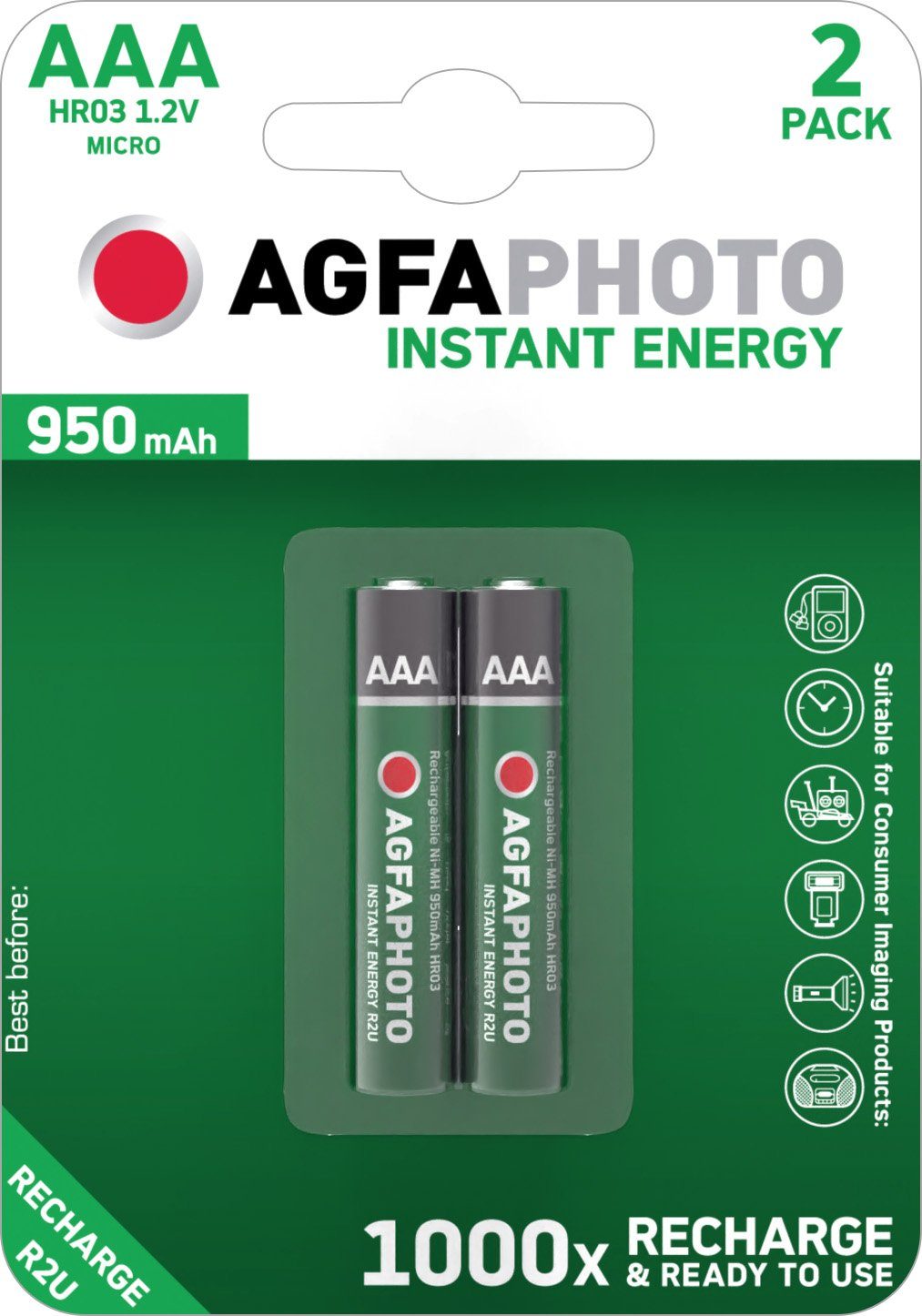 [Jetzt im Angebot! Nicht verpassen] AgfaPhoto Instant Energy Micro/AAA/HR03 Akku 1.2V/950mAh (2 St), Micro