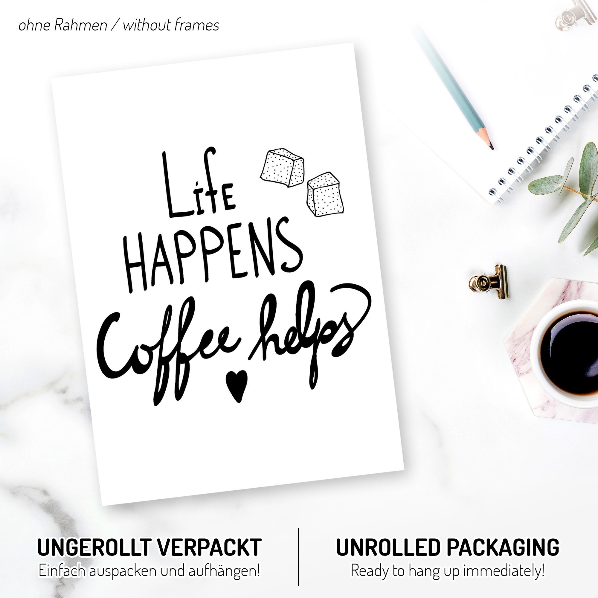 Kreative Feder Poster, Schwarz-Weiß, Text, Schrift, Kaffee, Coffee (Set, 3 St), 3-teiliges Poster-Set, Wandbild, optional mit Rahmen, DIN A4 oder A3