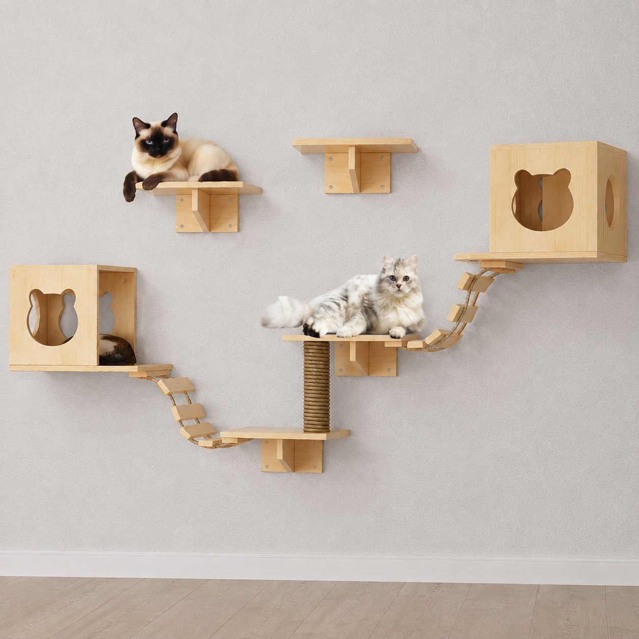 PEALOV Katzen-Kletterwand 9 Stück Deluxe‑Katzenmöbel aus Holz, Katzenbett, Klettergerüst, Tragkraft 12 kg, Wandmontage im Innenbereich