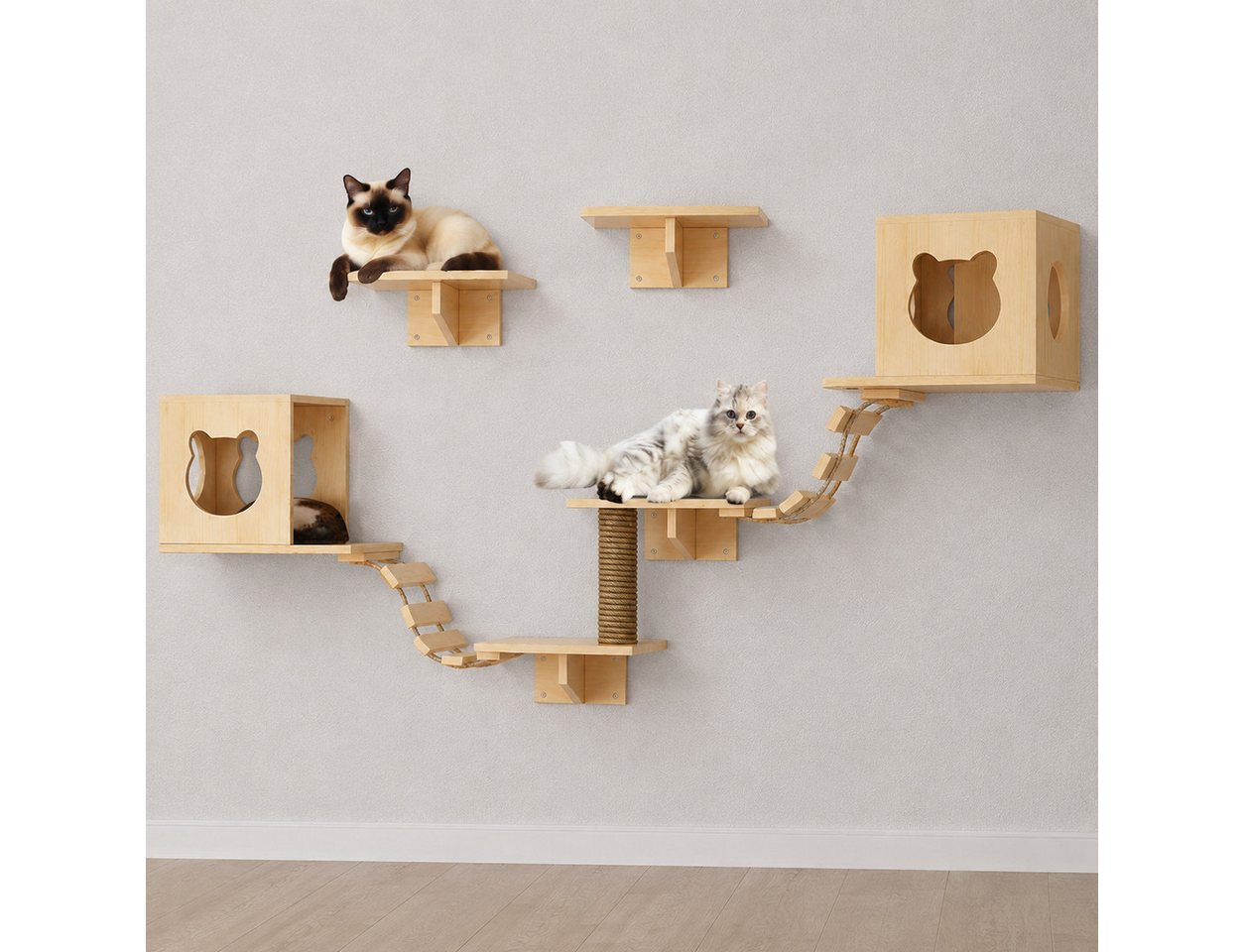 PEALOV Katzen-Kletterwand 9 Stück Deluxe‑Katzenmöbel aus Holz, Katzenbett, Klettergerüst, Tragkraft 12 kg, Wandmontage im Innenbereich