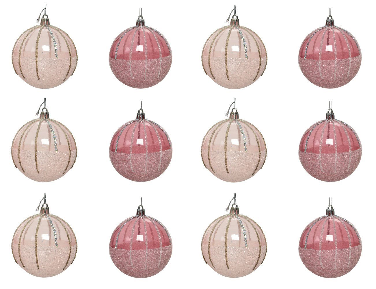 Decoris season decorations rosa 12er Kunststoff Weihnachtsbaumkugel, Muster Set Weihnachtskugeln Mix, 10cm mit
