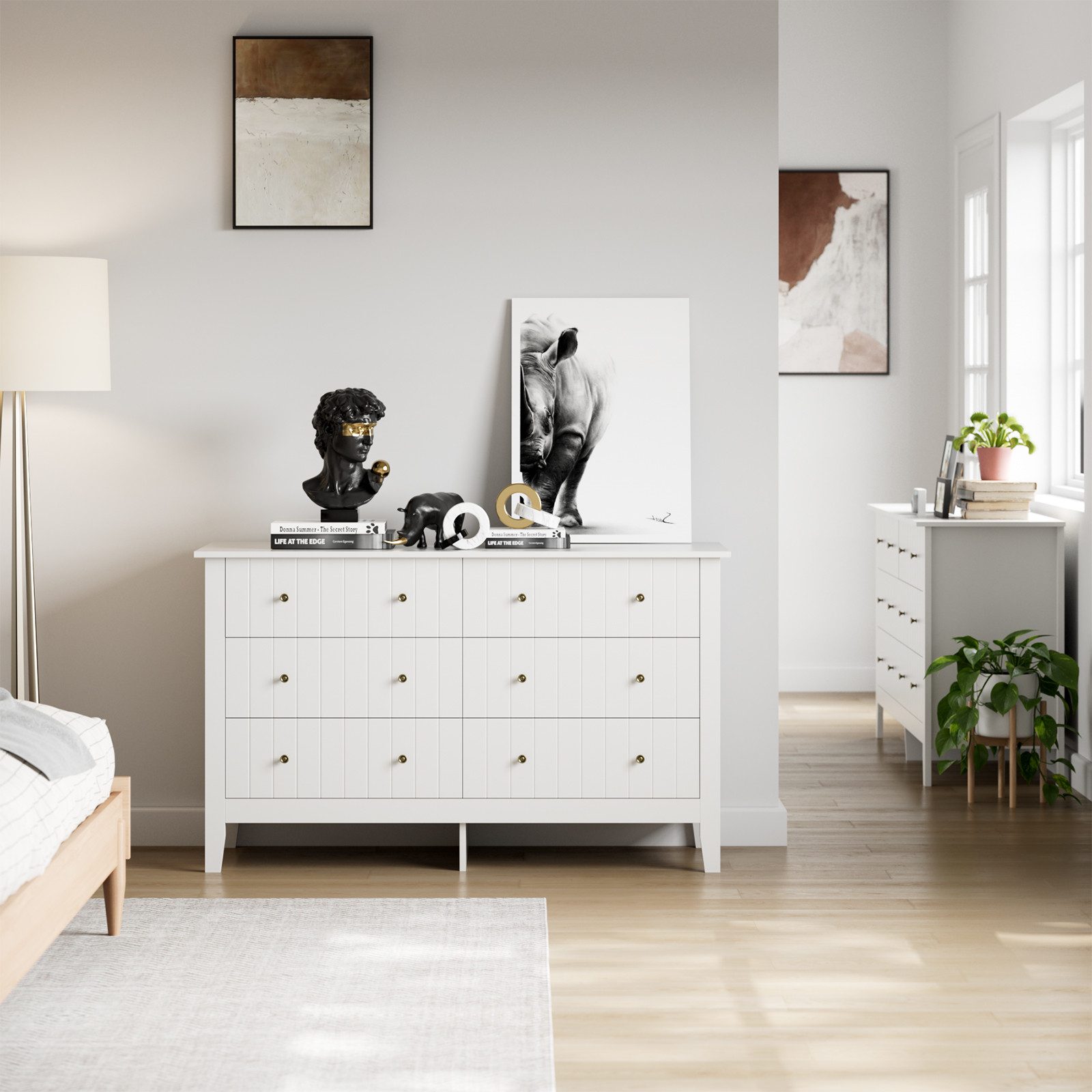 Homfa Kommode 133 cm breit Sideboard Schubladenschrank, mit 6 Schubladen, Landhaus, weiß, 133x45x79,5 cm – Bild 2 von 5