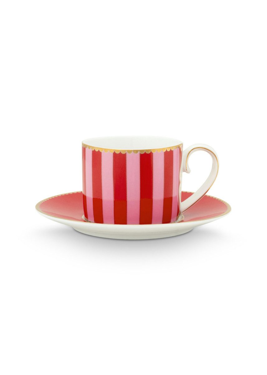 PiP Studio Espressotasse Love Birds Stripes Espressotasse m.U. rot/pink 125ml, Porcelain, Espresso Cup & Saucer Love Birds Stripes Red-Pink 125ml