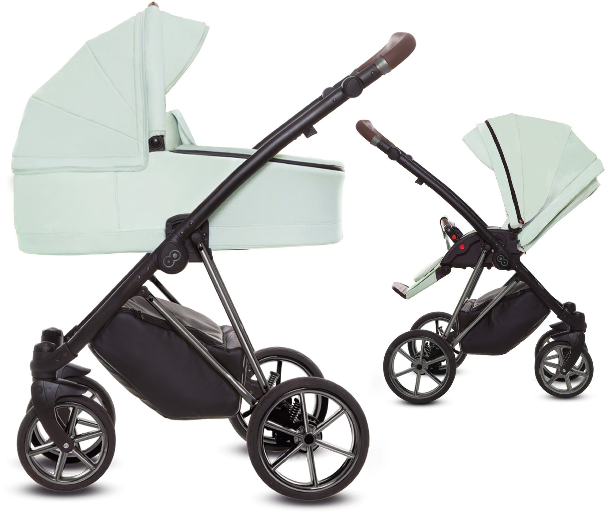 TPFFamily Kombi-Kinderwagen 2in1 Musse Ultra, Baby Buggy Babywanne 5-Punkt-Sicherheitsgurt, großes Zubehör-Set Kinderwagen 2 in 1 Stoff Mint, Gestell Grau