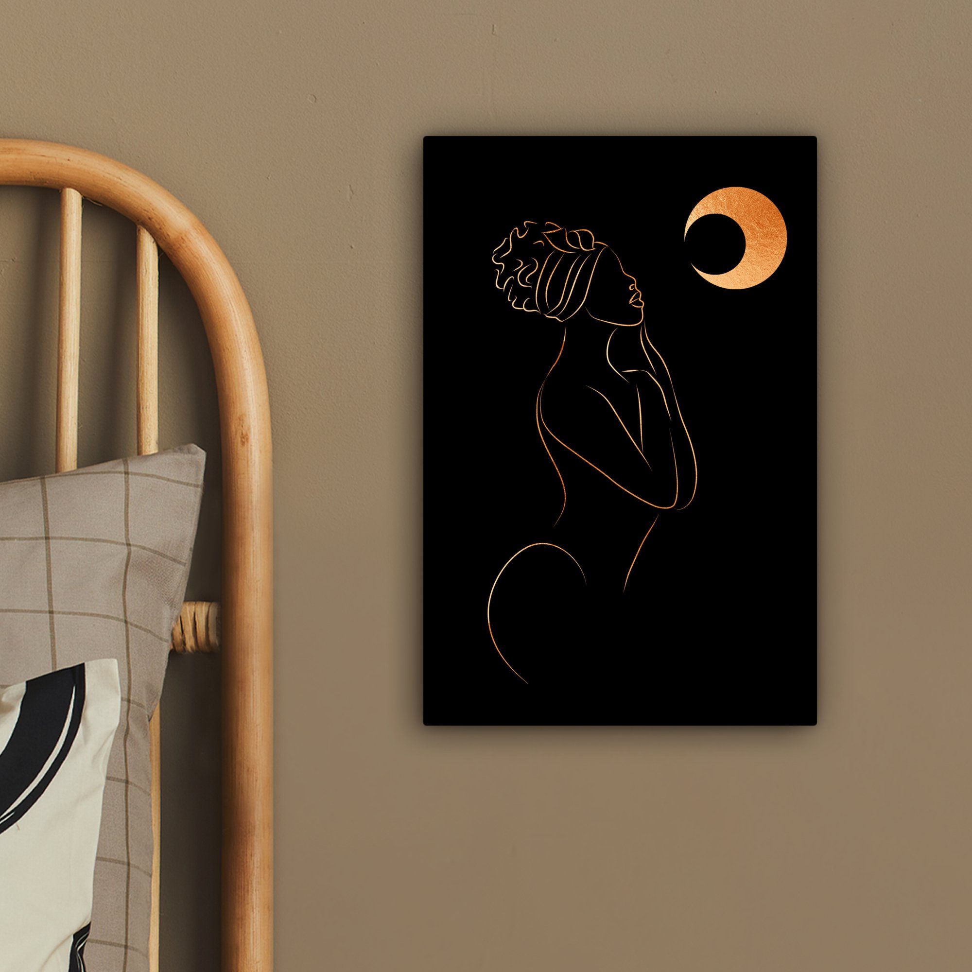 OneMillionCanvasses® Leinwandbild Frau - Strichzeichnung, (1 Gold bespannt fertig - Zackenaufhänger, Leinwandbild Mond 20x30 Gemälde, cm inkl. St), 