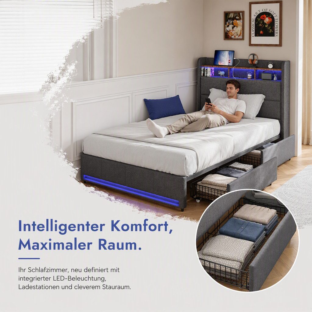 Simurq Einzelbett Polsterbett 90x200 mit 2 Schubladen, Jugendbett, Gästebett, Multifunktionsbett, Mit Lattenrost, USB Port & LED, Leinen