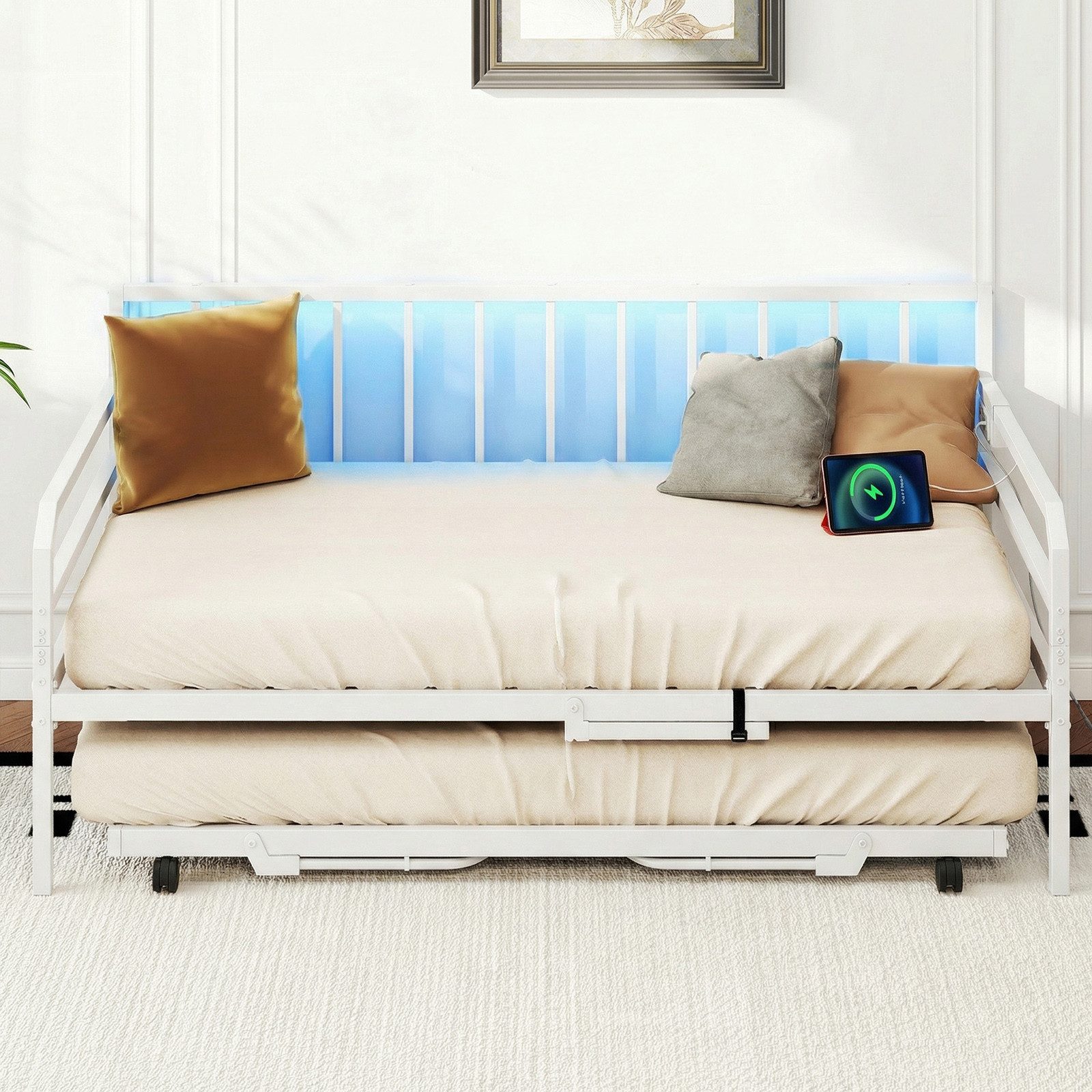 COSTWAY Daybett (1 tlg), Bettgestell mit Ausziehbett, LED, Ladestation, 90x200cm / 180x200cm
