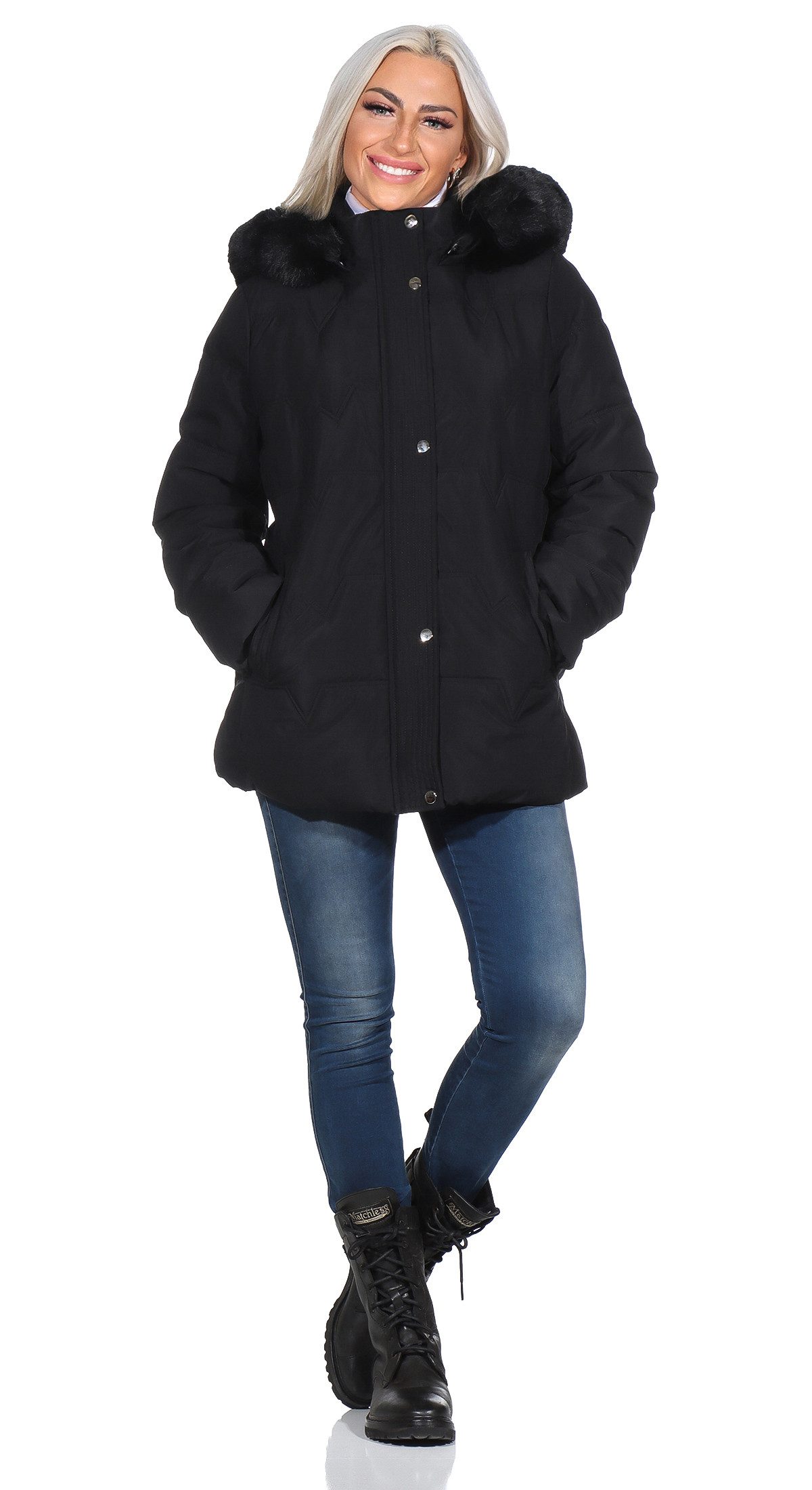 Aurela Damenmode Winterjacke Damen Steppjacke Teddyfell gefüttert mit abneh günstig online kaufen