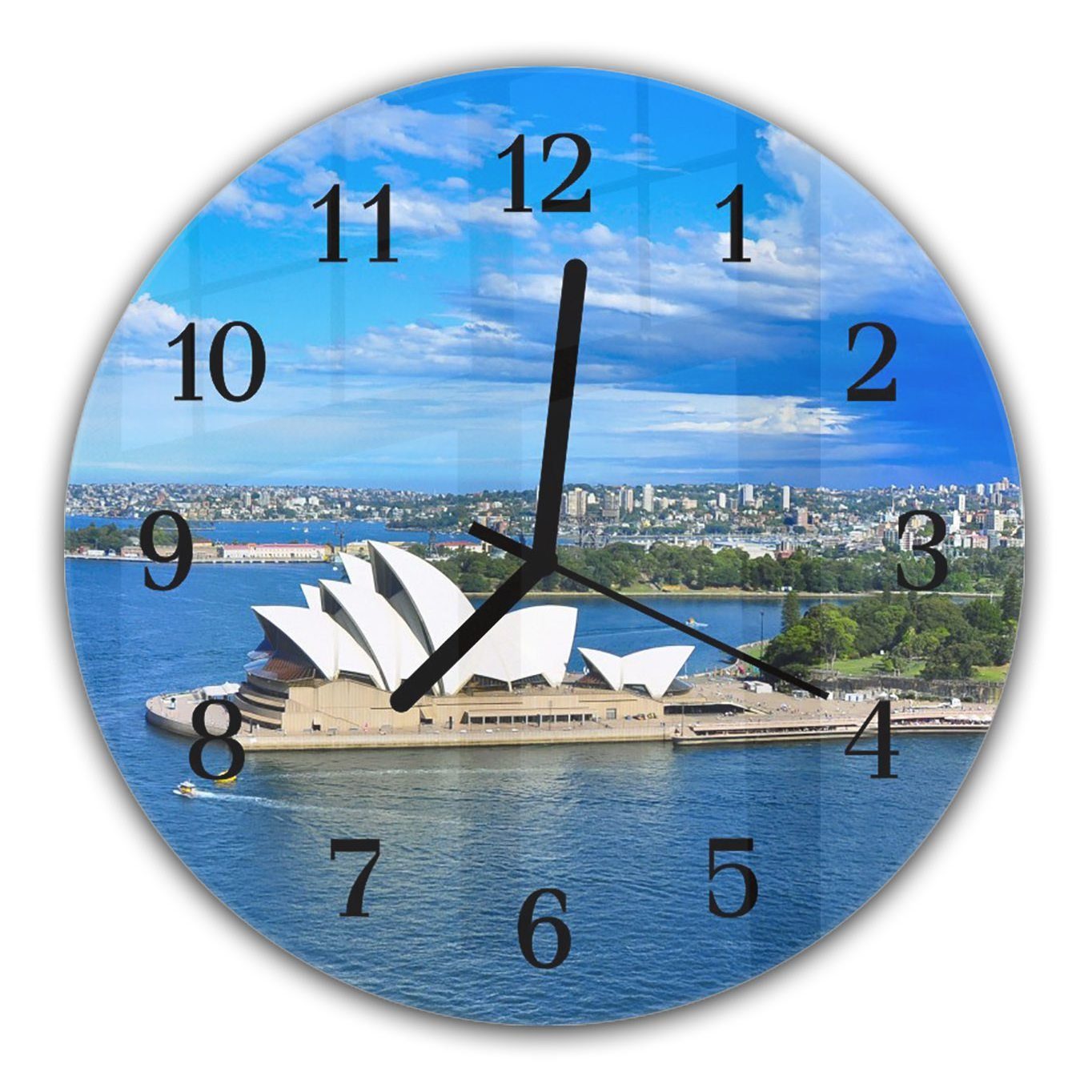 Primedeco cm in aus mit Hafen mit Wanduhr - Glas Quarzuhrwerk Motiv und Rund 30 Wanduhr Sydney Durchmesser