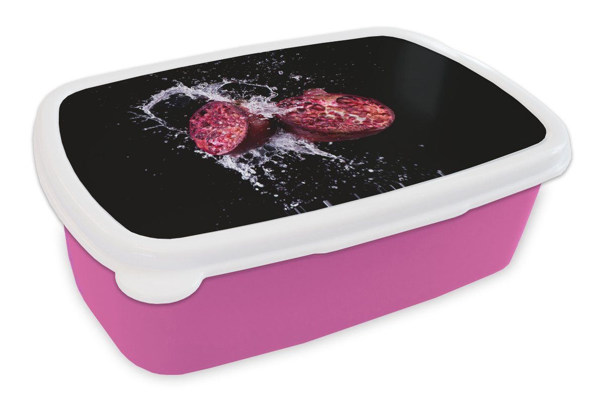 MuchoWow Lunchbox Granatapfel - Frucht - Wasser - Schwarz - Violett, Kunststoff, (2-tlg), Brotbox für Erwachsene, Brotdose Kinder, Snackbox, Mädchen, Kunststoff rosa
