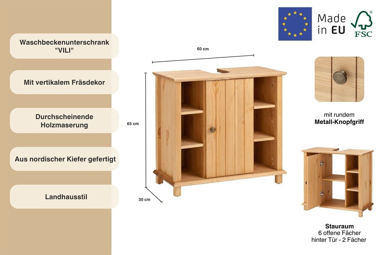 Home affaire Waschbeckenunterschrank Vili Badezimmerschrank im Landhaus-Look, mit 6 Fächern, aus Massivholz