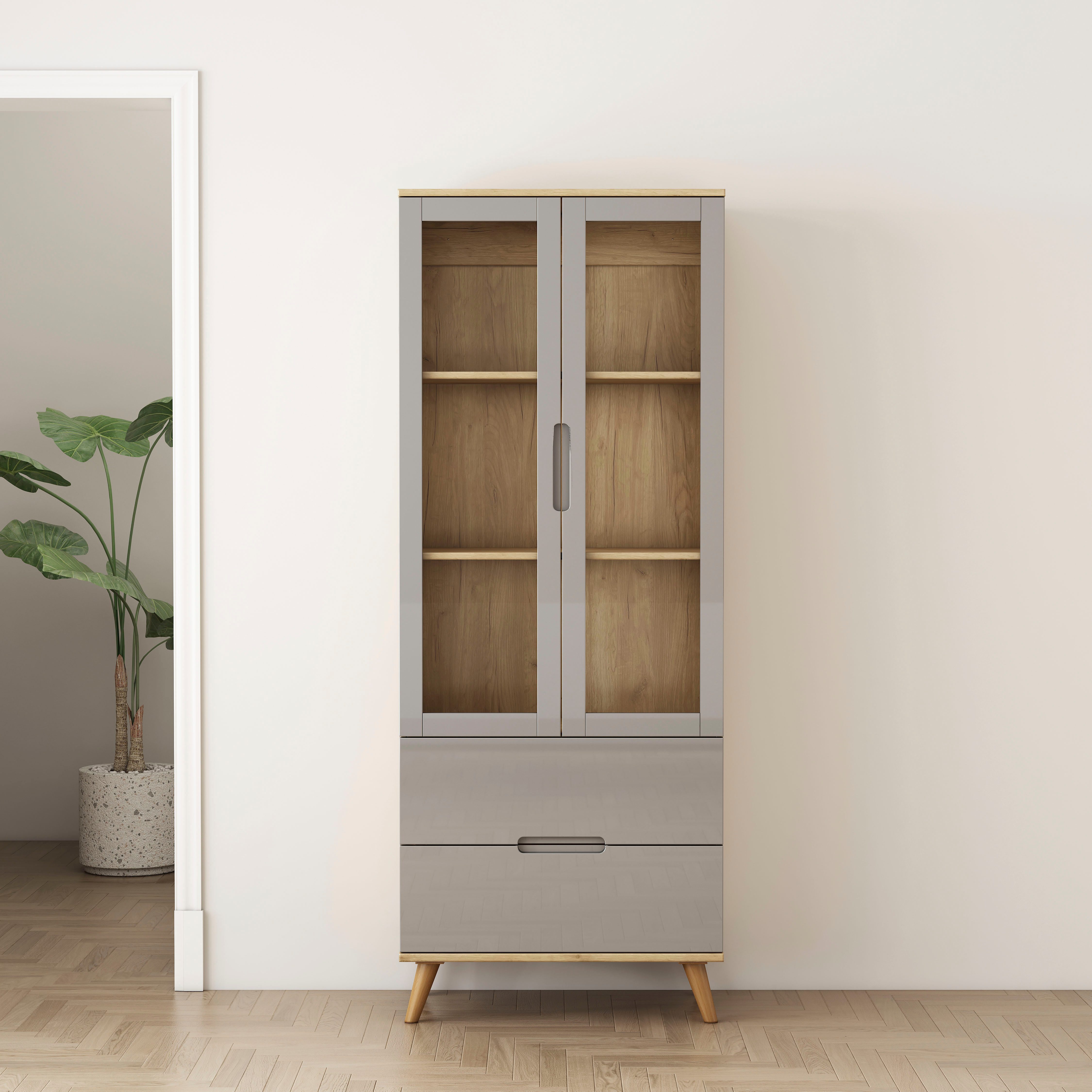 OTTO home Highboard Lund, mit glänzenden Fronten, Glastüren, helles Holzdekor, Breite 70 cm