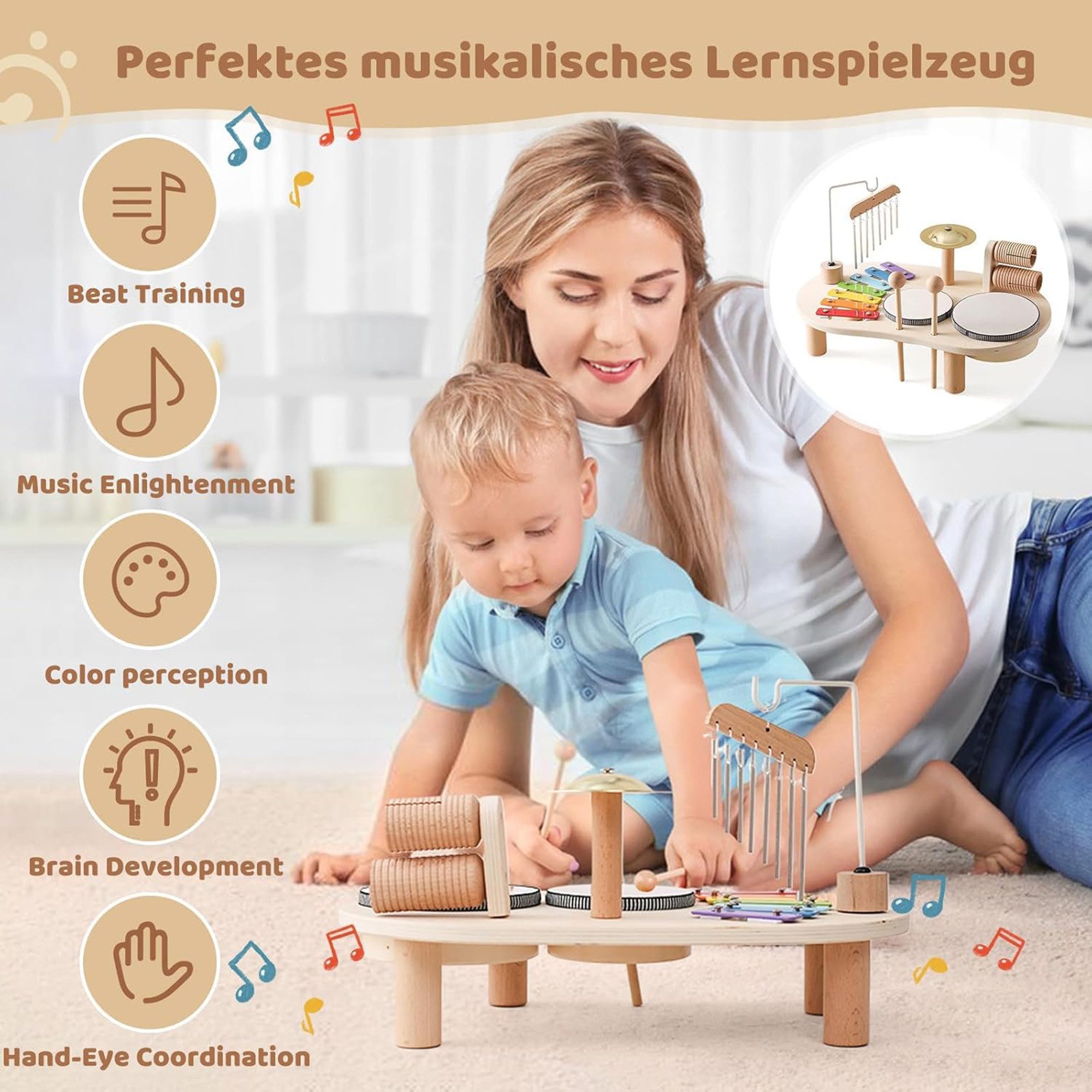 ibettertec Lernspielzeug Montessori, Musikinstrumente, Schlagzeugset, Xylophon, Trommel (Spar-Set, 1-St., 7-in-1 Percussion-Set mit Xylophon, 2 Trommeln, Klangblöcken), FSC-zertifiziertes Holz, ungiftige Wasserlackierung, gratfreie Kanten