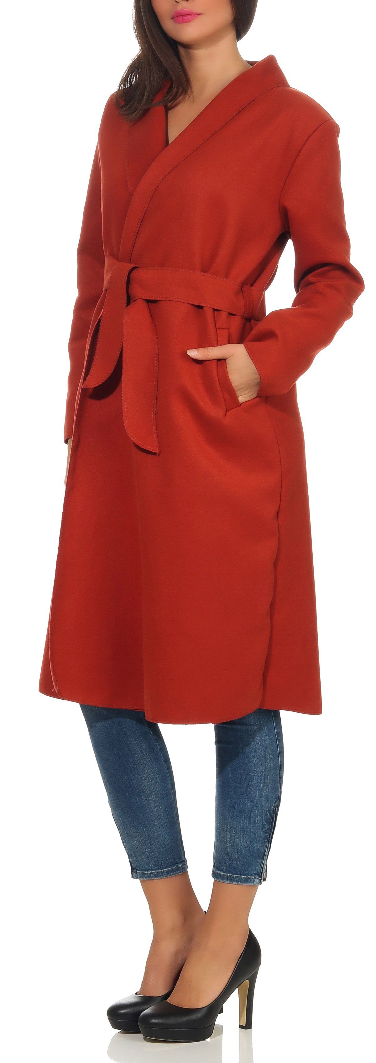 malito more than fashion Langmantel malito Damen Mantel lang mit Wasserfall-Schnitt, Trenchcoat mit Gürte Eleganter Mantel mit Bindegürtel