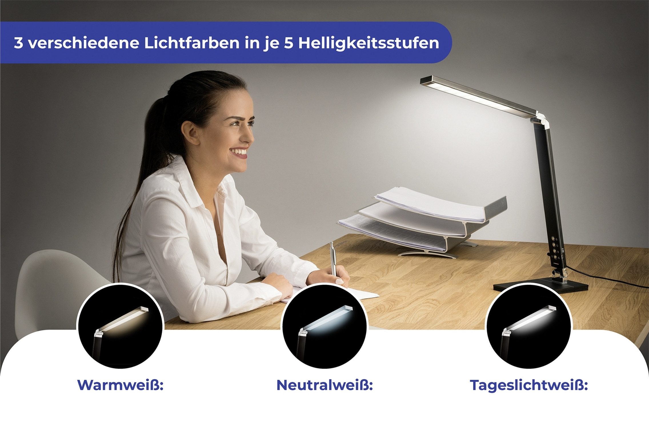 Maximex Tischleuchte Tageslicht, Dimmfunktion, LED fest integriert, Neutralweiß, Warmweiß, Tageslichtweiß, Tischlampe mit 5 Helligkeitsstufen, standsicherer Fuß, USB-Anschluss