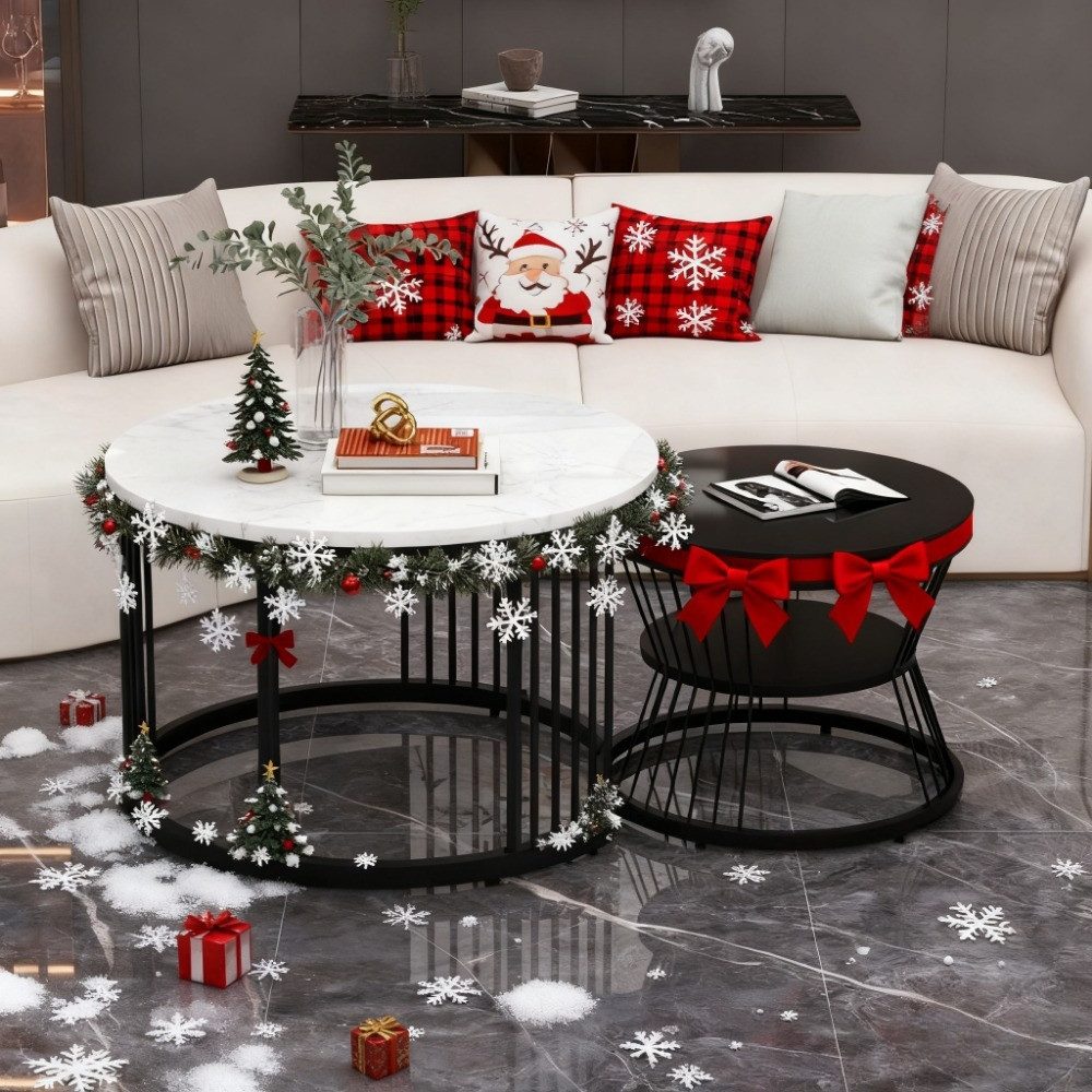 Totnz Couchtisch Zweiteiliges Couchtisch-Set mit schwarzem Gestell (Moderner Nesting-Couchtisch, Couchtisch-Set, Hochglanz-Tischplatte), Gesamtgröße: Groß-70*70*45cm, Klein-45*45*40cm