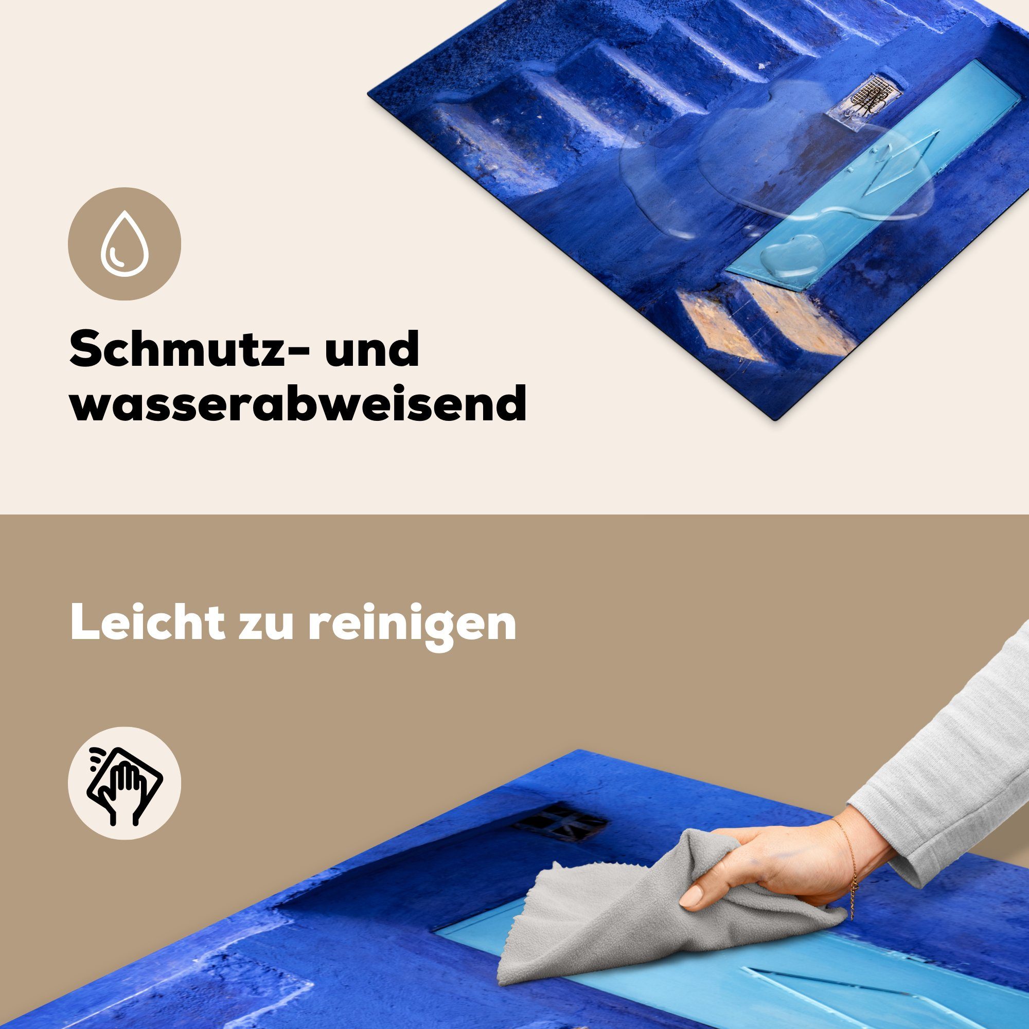 60x52 Vinyl, MuchoWow nutzbar, Ceranfeldabdeckung Tür, - cm, tlg), Architektur (1 Treppe - Arbeitsfläche Mobile Herdblende-/Abdeckplatte - Blau