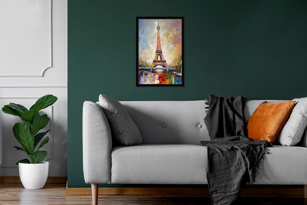 - Ölgemälde Wandposter, Gerahmtes St), MuchoWow - Poster Paris, Poster, Wanddeko, Bilderrahmen Bilder, Schwarzem (1 Eiffelturm