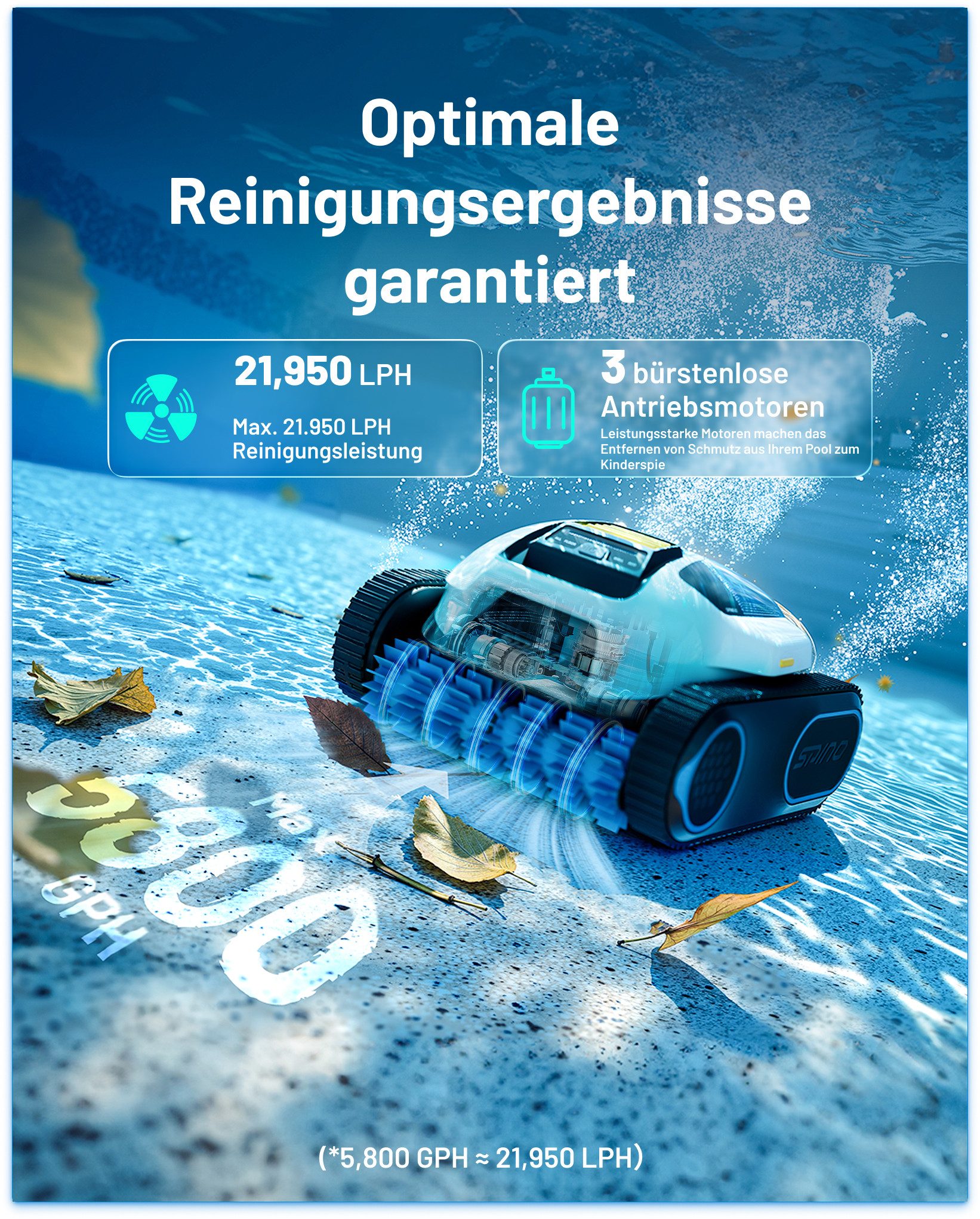 Mammotion Poolroboter Spino E1 Poolreiniger mit App, Kabellos Poolsauger bis 150m² Pools, (für Boden, Wand, Wasserlinienreinigung), 6000 mAh, 210 Min Laufzeit, SmartArc Routenplan, Wasserlinien Parking