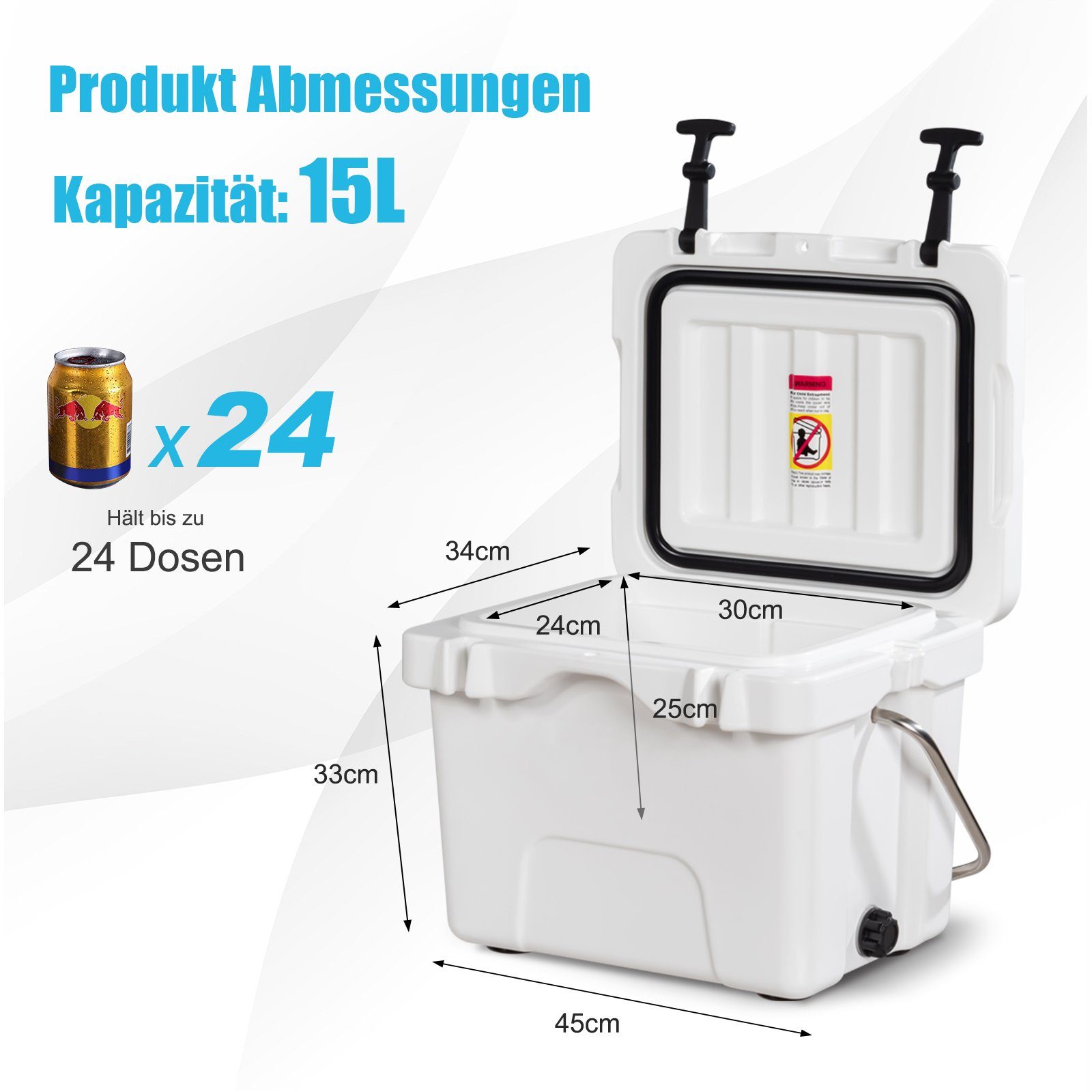 COSTWAY Kühlbox, 15 l, 15L, 75°C, Griff Weiß mit bis & -30°C Getränkehalter, 45x34x33cm