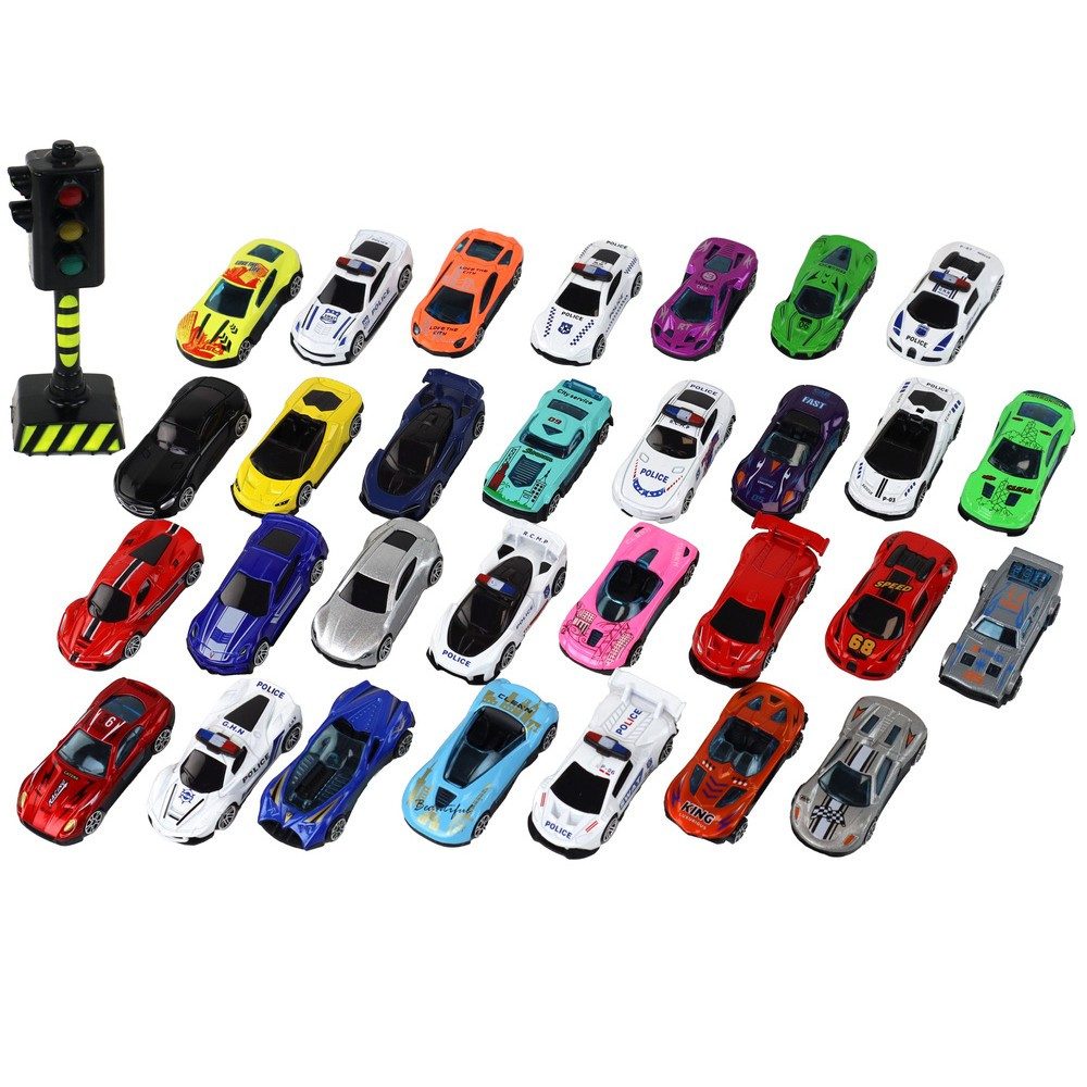 LEAN TOYS Karton Spielzeugautos Rennflitzer Polizeiwagen, 30 Metallautos, Polizeiautos, Ampel, ab 3 Jahren