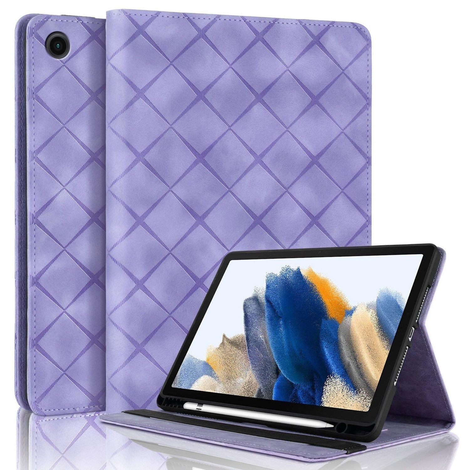 Wigento Tablet-Hülle Für Samsung Galaxy Tab A9 Rhombus Muster Kunstleder Hülle Lila, Faltbare Kunstleder Hülle mit Stifthalter und Standfunktion