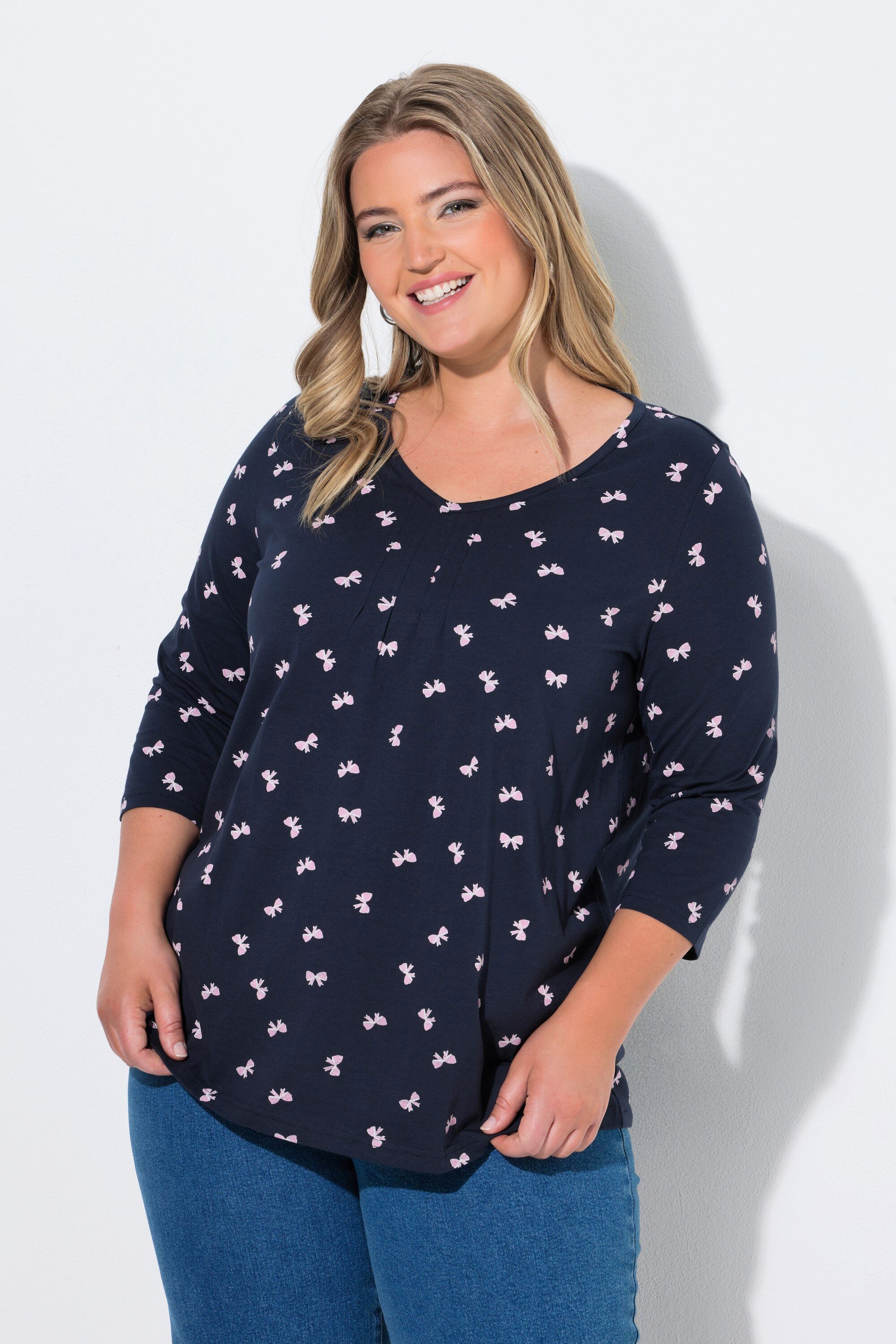 Ulla Popken Longsleeve Shirt Zierfalten A-Linie V-Ausschnitt 3/4-Arm