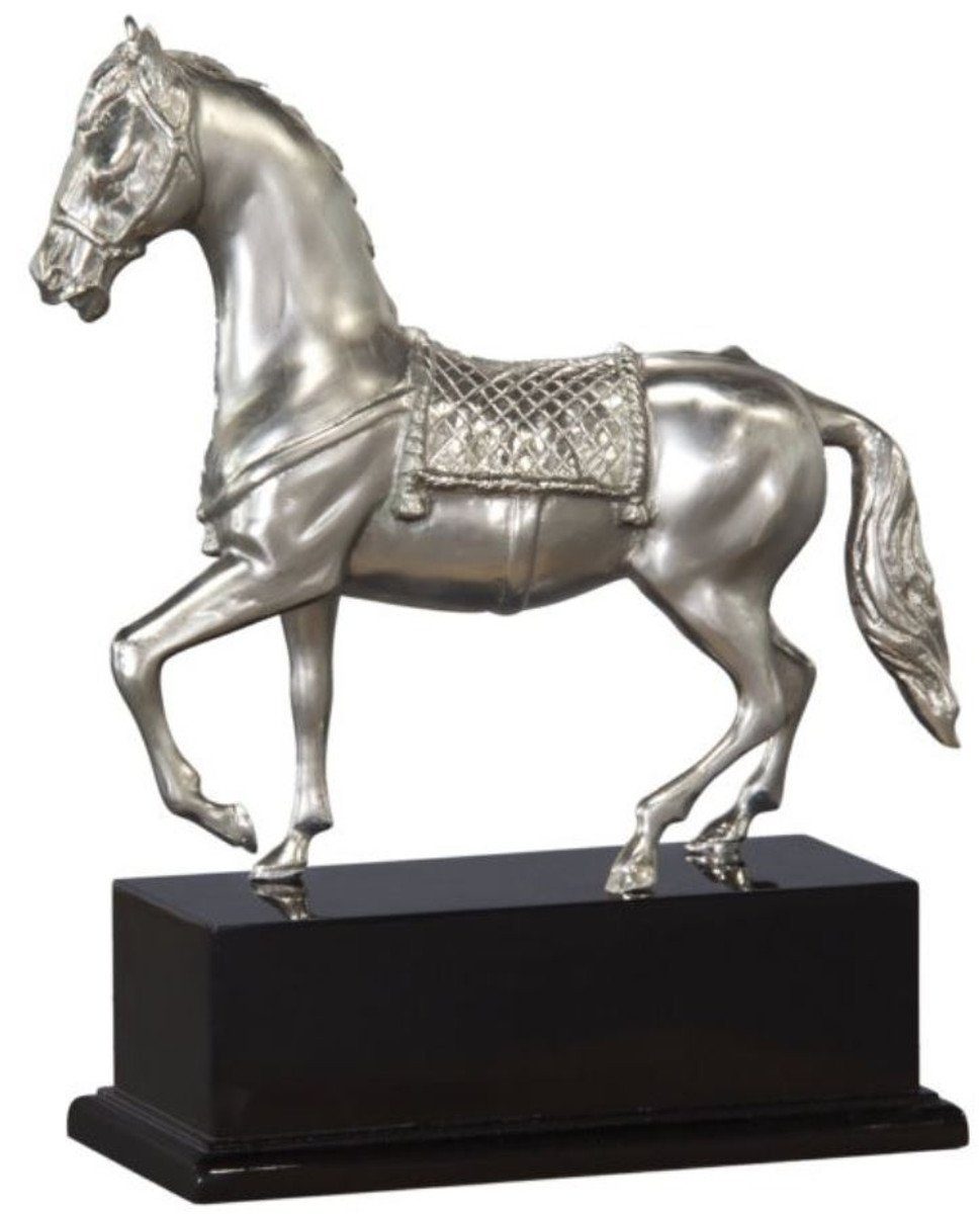 Casa Padrino Dekofigur Luxus Bronzefigur Pferd mit Holzsockel Silber / Antik Schwarz 31,5 x 12,5 x H. 37,3 cm - Versilberte Deko Figur