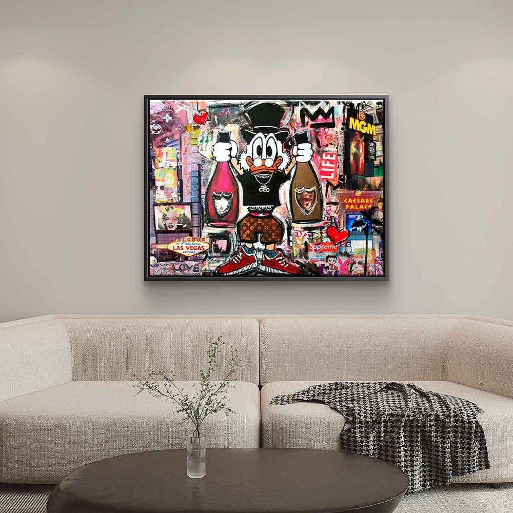 DOTCOMCANVAS® Leinwandbild Dagobert Duck Dagobert Art Leinwandbild Vegas Collage quer Las weißer Pop Vegas, Las in Rahmen Comic