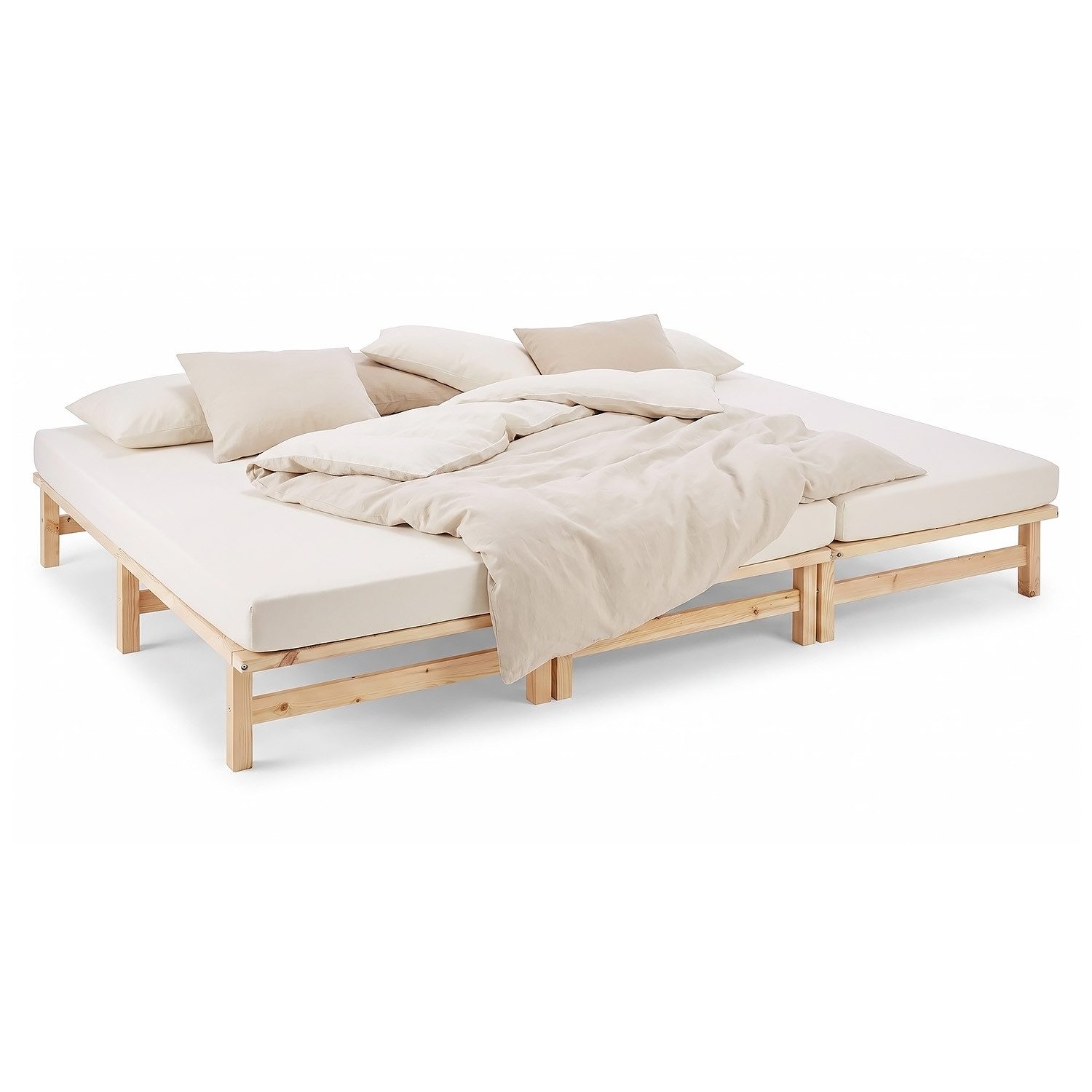 Homestyle4u Bett Familienbett 270x200 XXL mit Lattenrost Grau Natur extra groß (Set, mit Lattenrost), 3 einzelne Palettenbetten von jeweils 90x200 cm