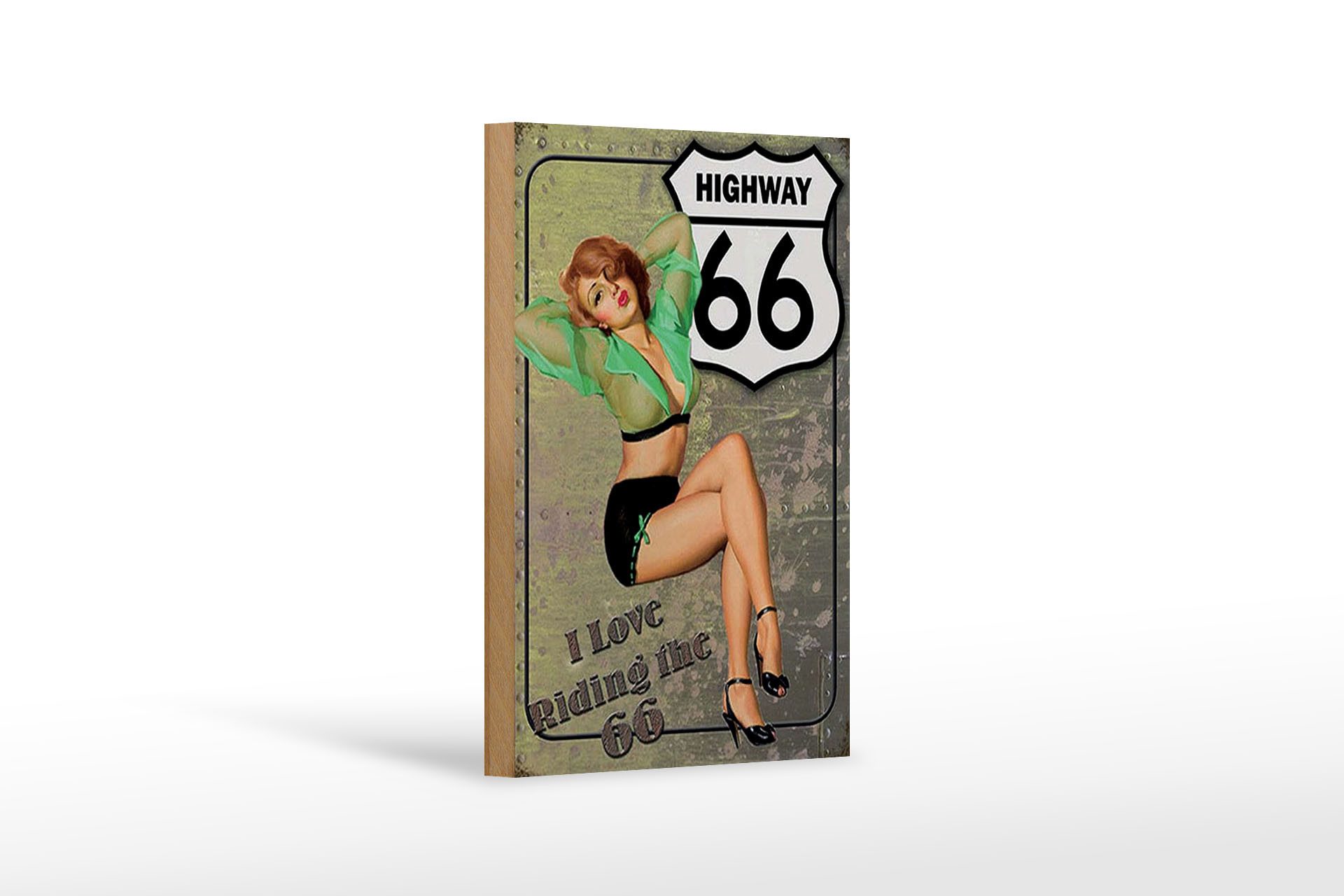 Holzbild Pin Up 12x18 cm Highway 66 i love riding the 66