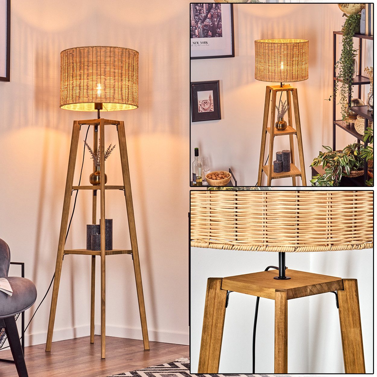 hofstein Stehlampe Stehlampe aus Holz/Rattan in Naturfarben, ohne Leuchtmittel, (40 cm), Ablageflächen u. Fußschalter, 1 x E27, ohne Leuchtmittel