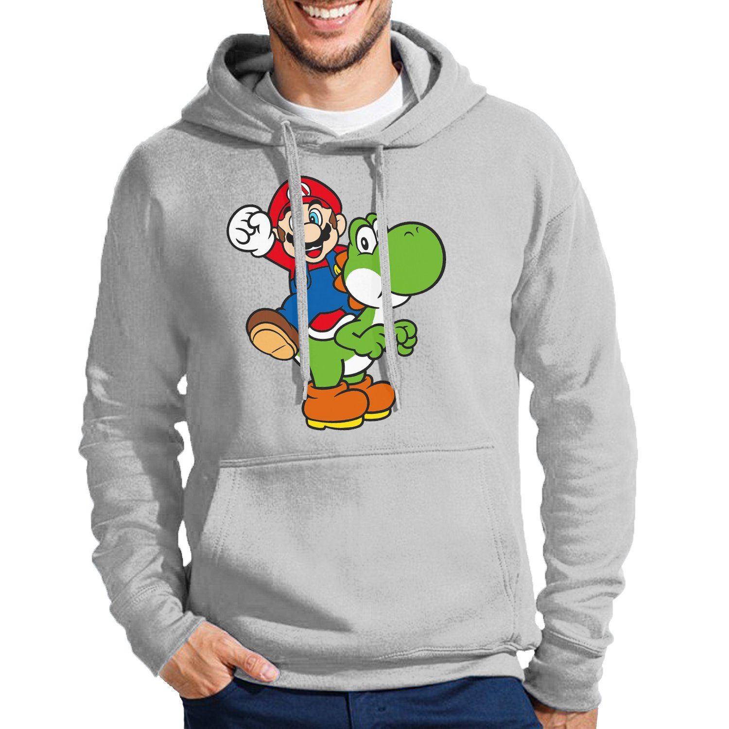 Blondie & Brownie Hoodie Herren Yoshi & Mario Konsole Nintendo Super Luigi Retro mit Kaputze Grau