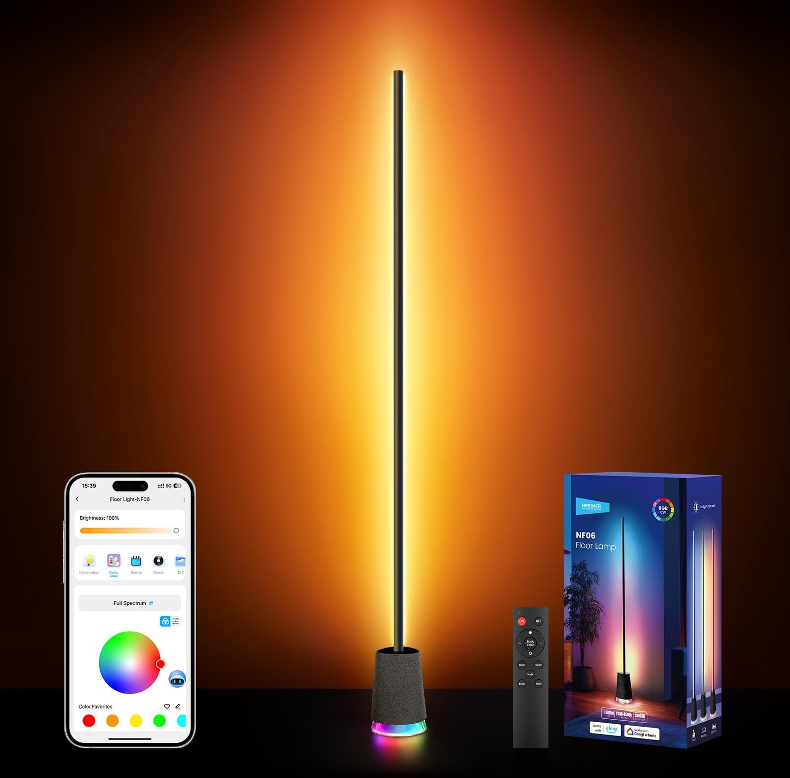 Neewer LED Stehlampe NF06 Smart LED Stehlampe, 1500lm RGBCW, mit Alexa Google App Steuerung, 2700K bis 6500K, Musik Sync, 16 Millionen Farben, Ambientebeleuchtung für Wohnzimmer